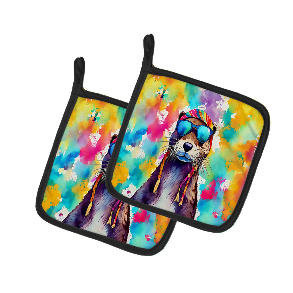 Hippie Animal Otter Pot Holder Set of 2 Heat Resistant Quilted Hot Pads 7.5 x 7.5 Inch, Insulated Kitchen Trivets for Cooking & Baking