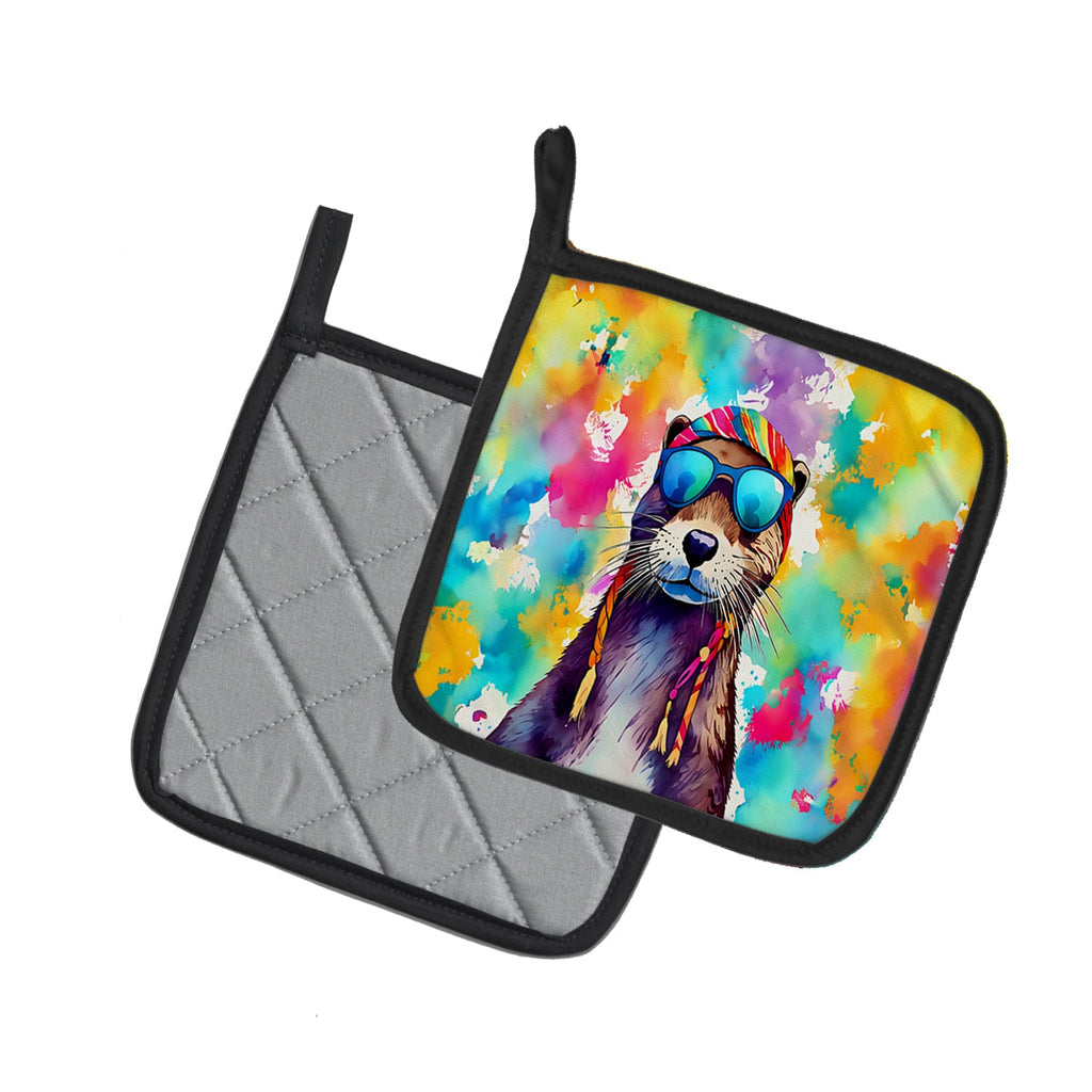 Hippie Animal Otter Pot Holder Set of 2 Heat Resistant Quilted Hot Pads 7.5 x 7.5 Inch, Insulated Kitchen Trivets for Cooking & Baking