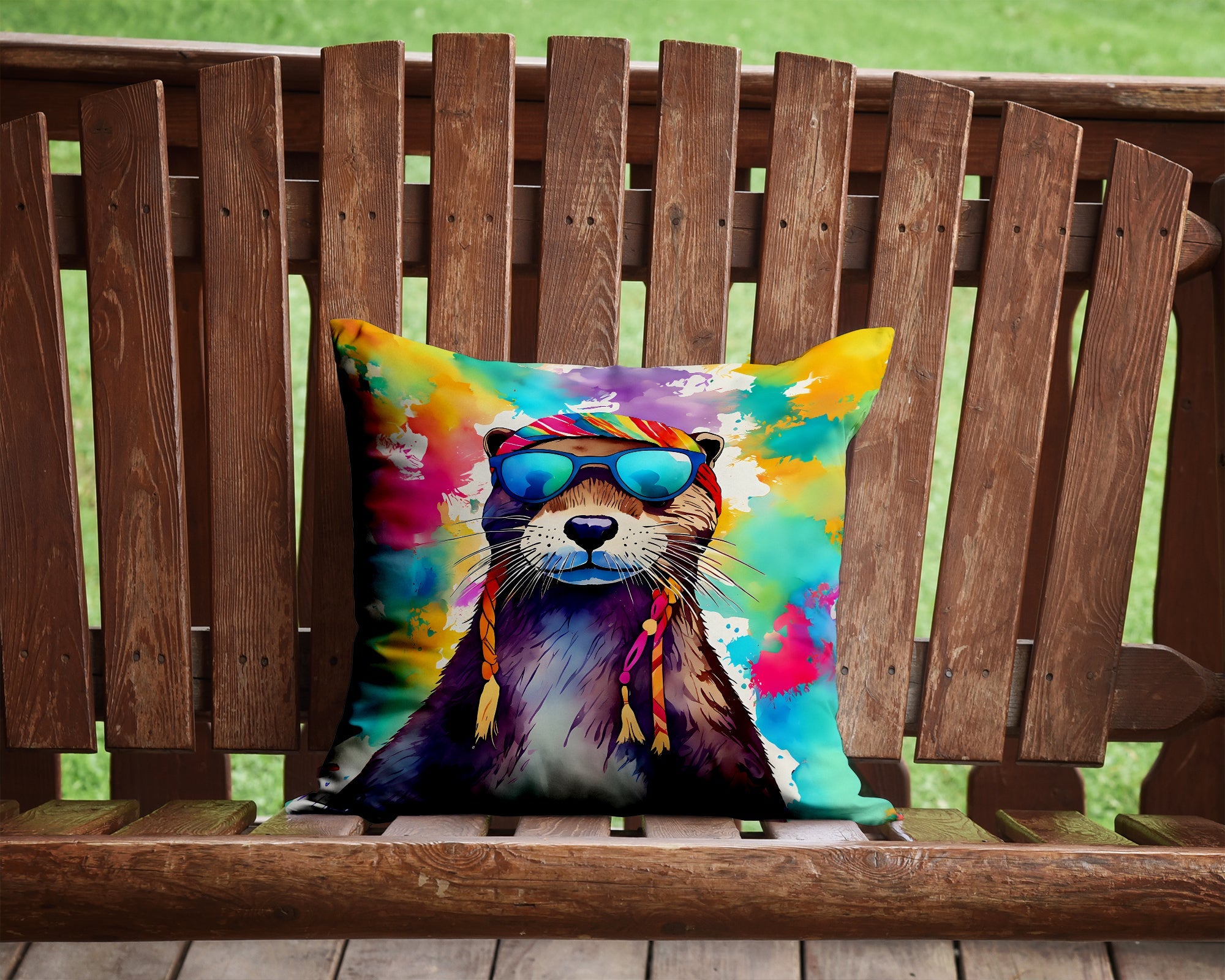 Hippie Animal Otter Decorative Throw Pillow 14x14 Indoor Outdoor Accent Cushion, Fabric Cover with Insert for Sofa, Bed, Porch & Living Room