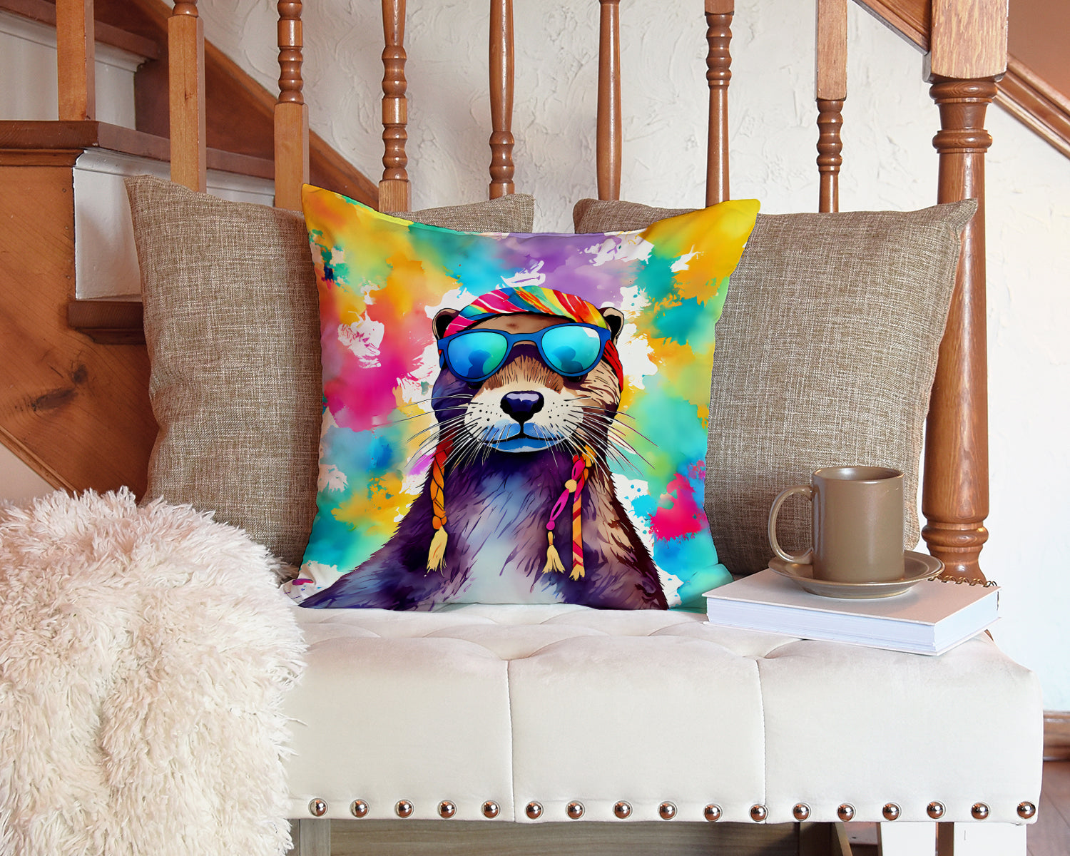 Hippie Animal Otter Decorative Throw Pillow 14x14 Indoor Outdoor Accent Cushion, Fabric Cover with Insert for Sofa, Bed, Porch & Living Room