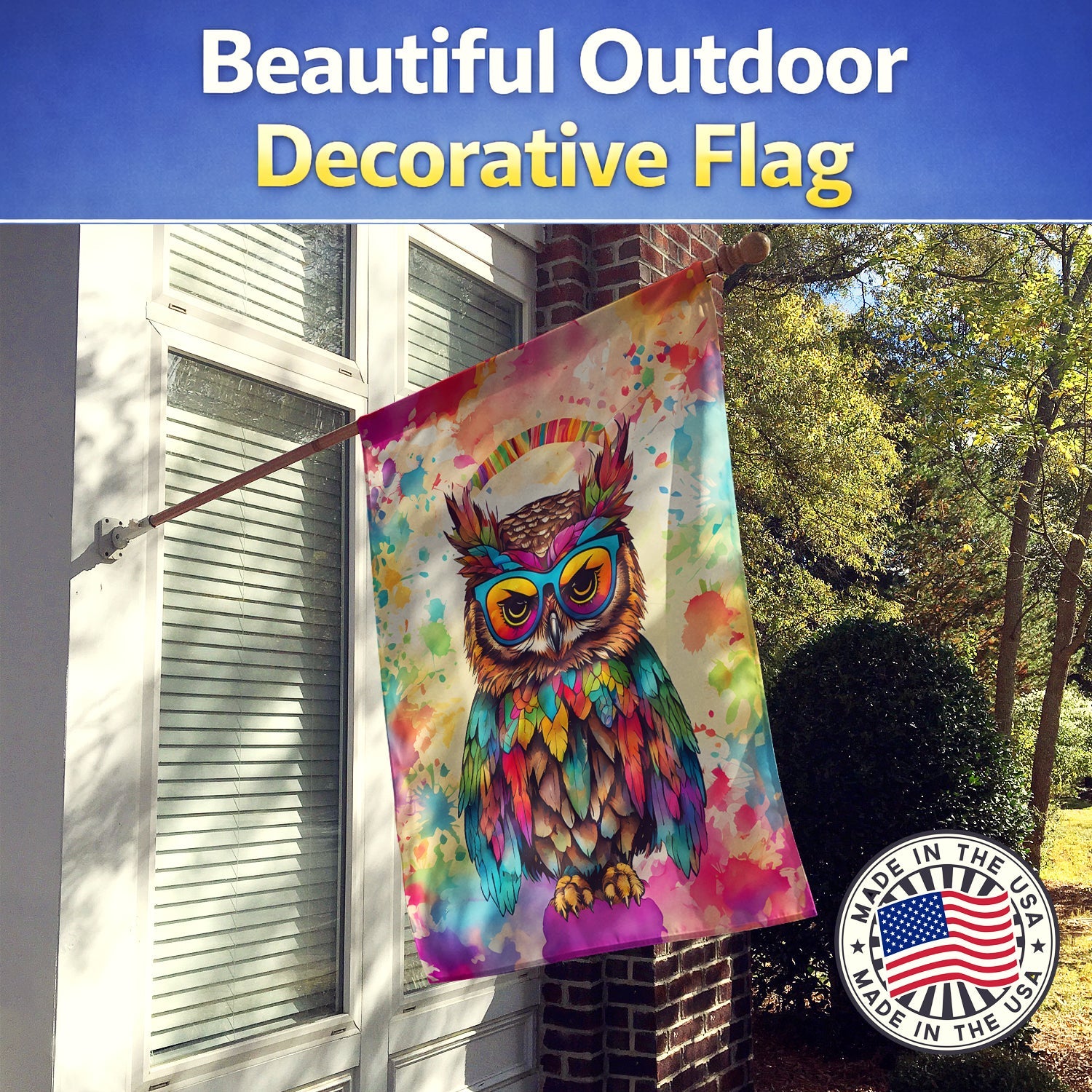 Hippie Animal Owl House Flag 28x40 Porch Sleeve Pole Decorative Outside Yard Banner Artwork Wall Hanging, Polyester
