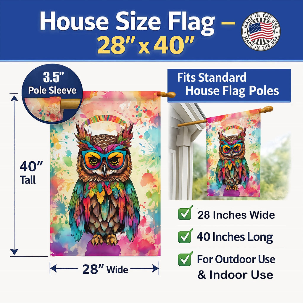 Hippie Animal Owl House Flag 28x40 Porch Sleeve Pole Decorative Outside Yard Banner Artwork Wall Hanging, Polyester