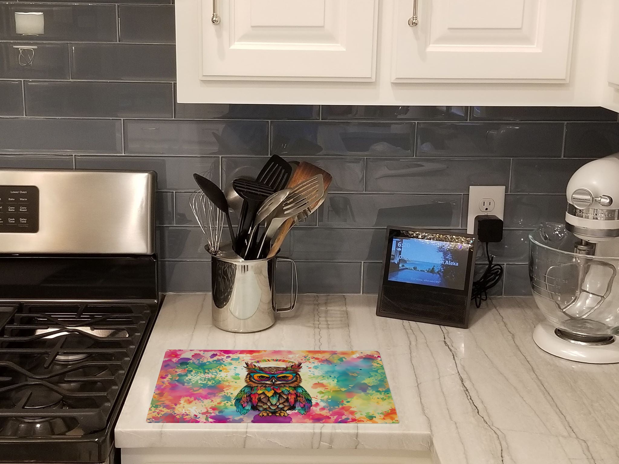 Hippie Animal Owl Cutting Board Tempered Glass Kitchen Cutting Surface, Heat Resistant Chopping, Non-Slip Feet, Food Prep & Serving