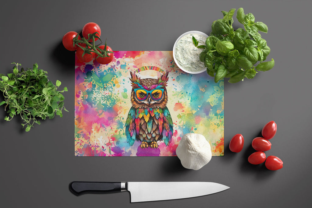 Hippie Animal Owl Cutting Board Tempered Glass Kitchen Cutting Surface, Heat Resistant Chopping, Non-Slip Feet, Food Prep & Serving