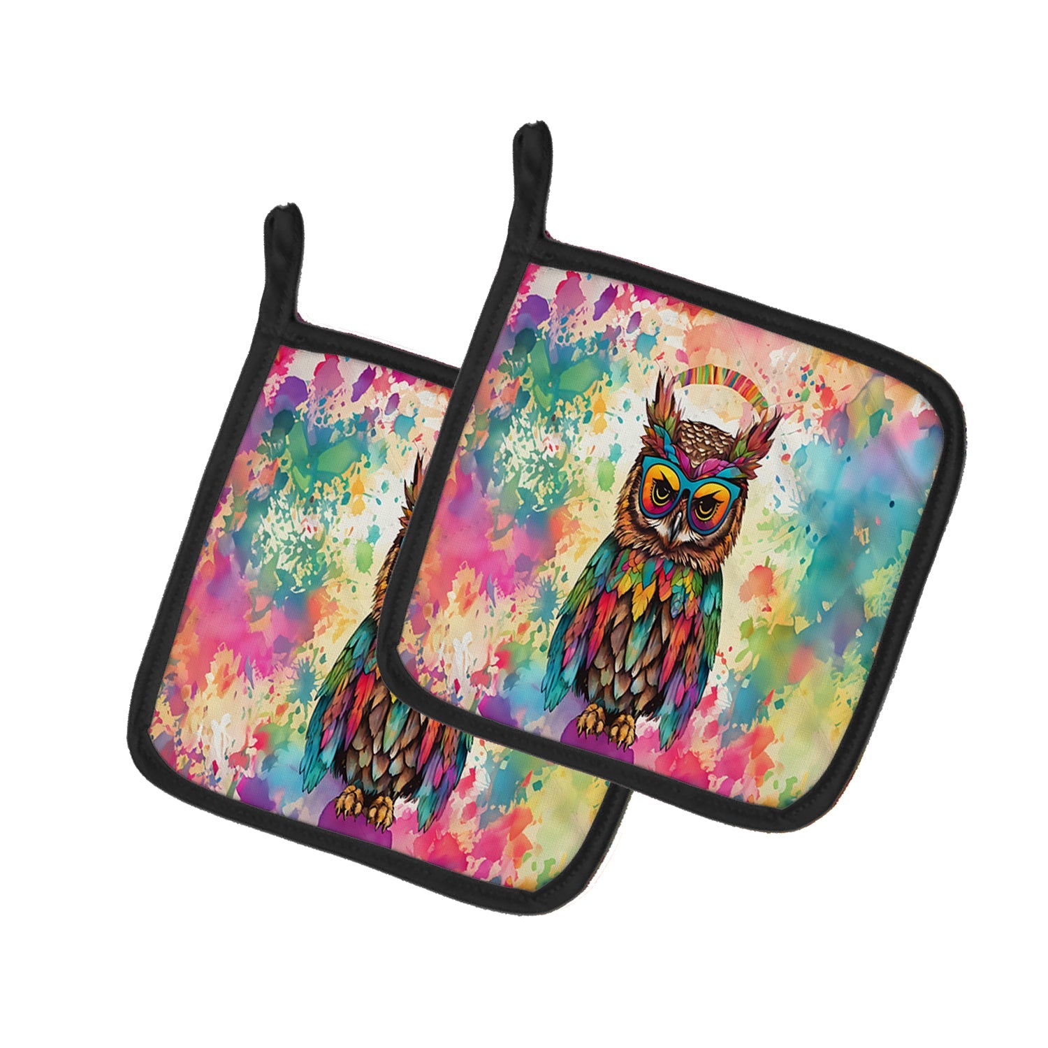Hippie Animal Owl Pot Holder Set of 2 Heat Resistant Quilted Hot Pads 7.5 x 7.5 Inch, Insulated Kitchen Trivets for Cooking & Baking