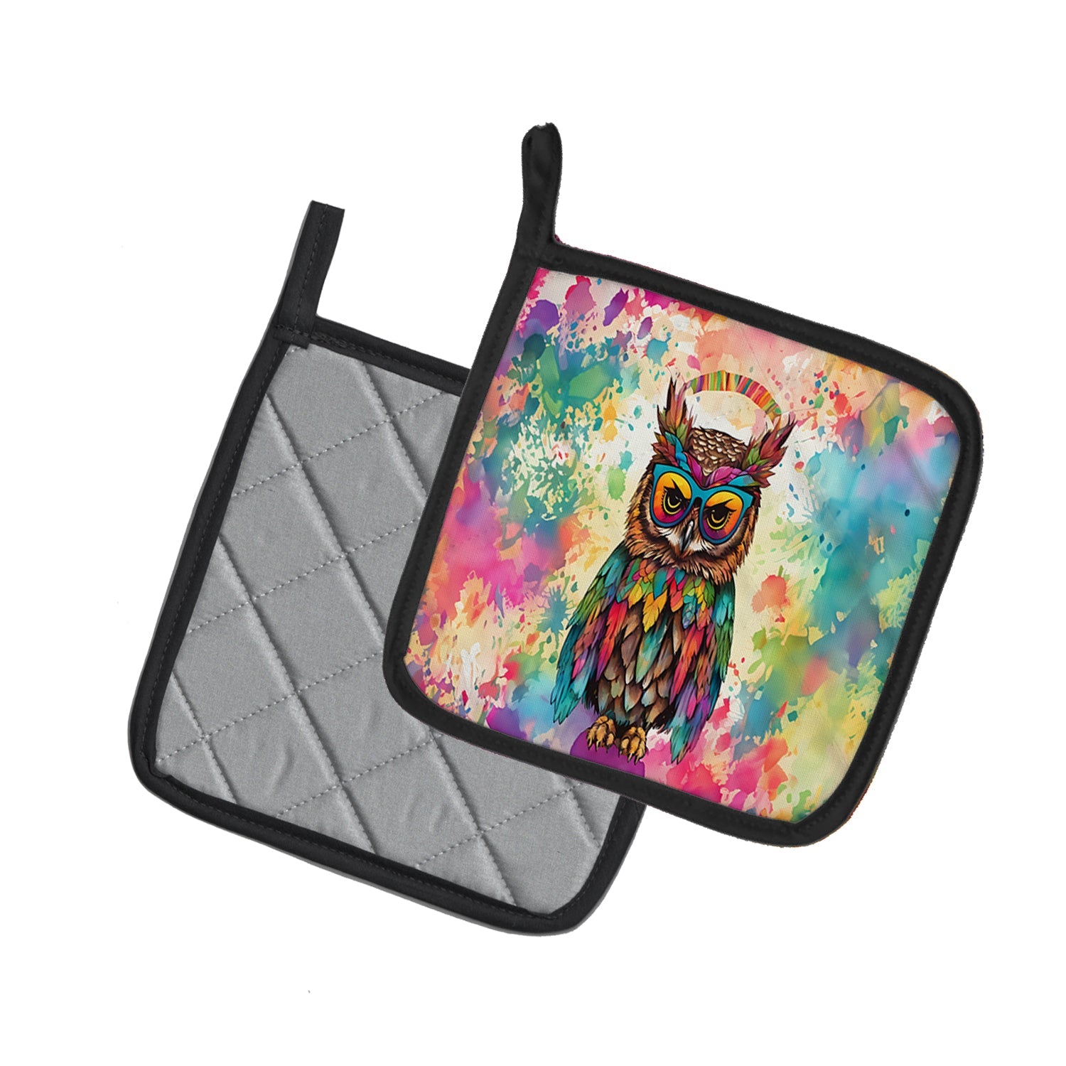 Hippie Animal Owl Pot Holder Set of 2 Heat Resistant Quilted Hot Pads 7.5 x 7.5 Inch, Insulated Kitchen Trivets for Cooking & Baking
