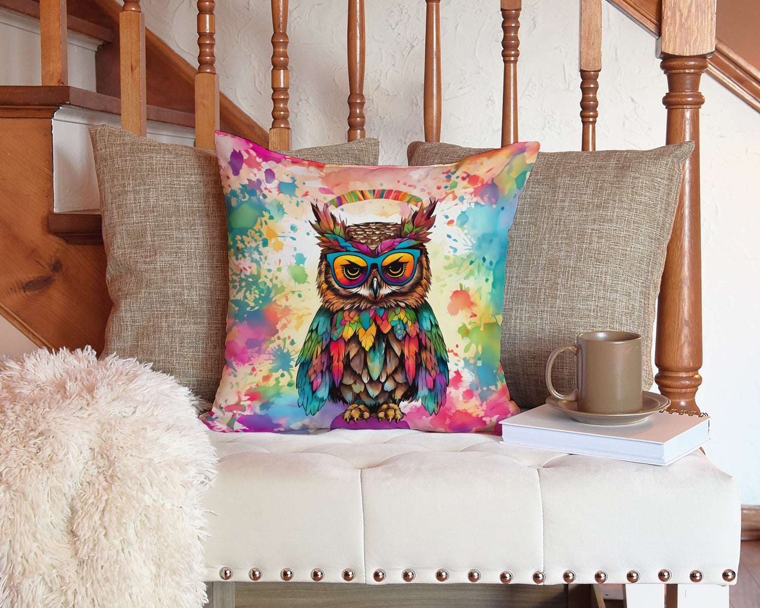 Hippie Animal Owl Decorative Throw Pillow 14x14 Indoor Outdoor Accent Cushion, Fabric Cover with Insert for Sofa, Bed, Porch & Living Room