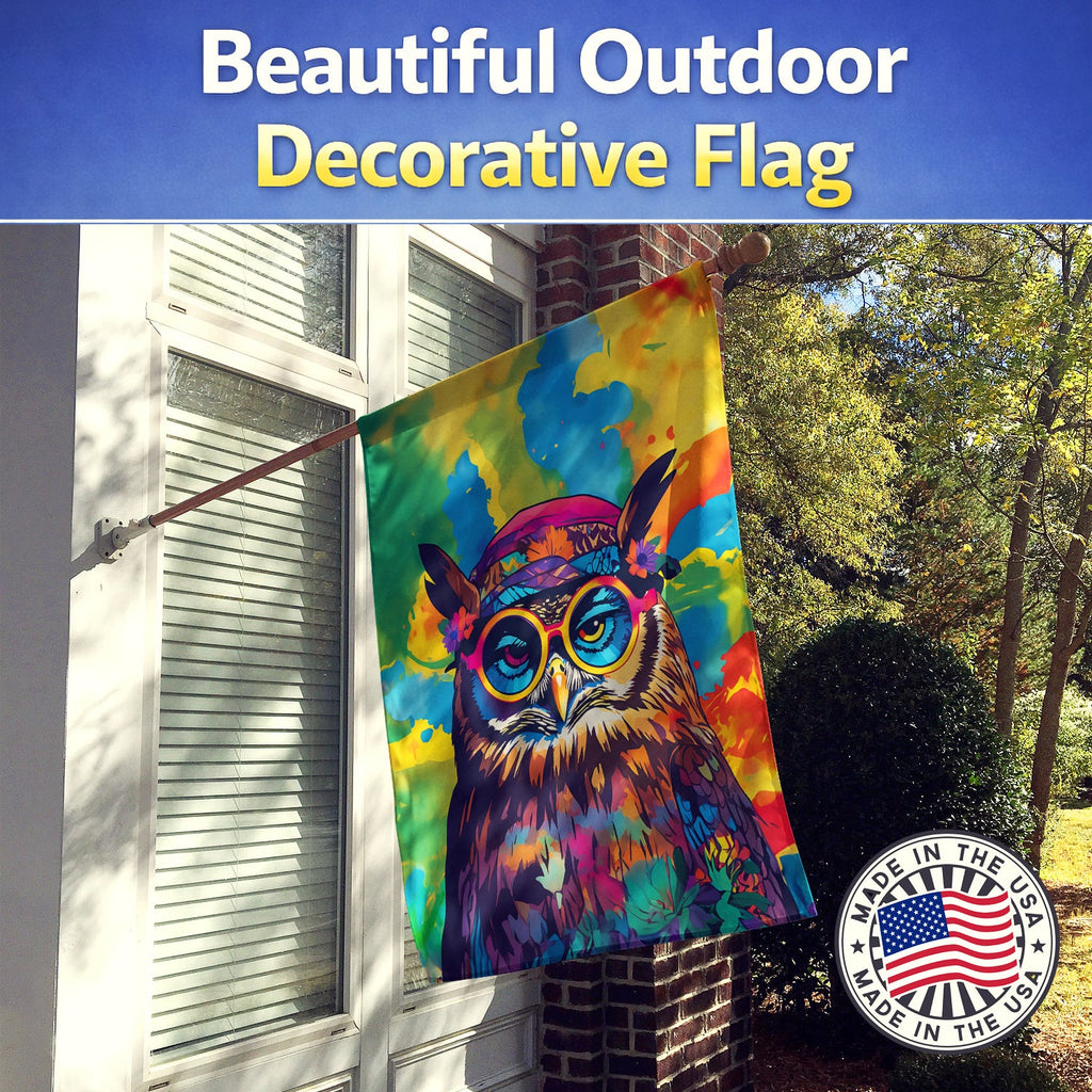Hippie Animal Owl House Flag 28x40 Porch Sleeve Pole Decorative Outside Yard Banner Artwork Wall Hanging, Polyester