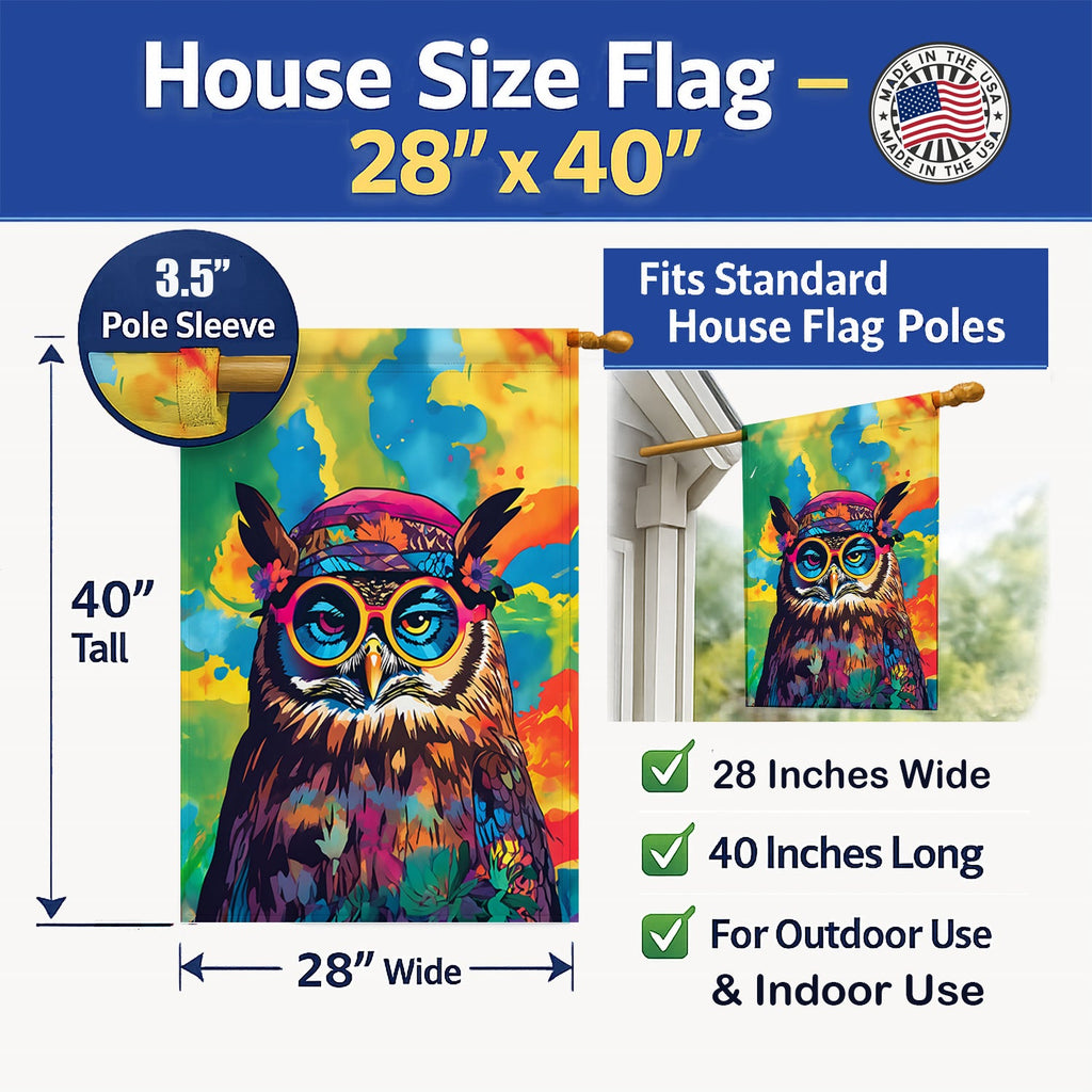 Hippie Animal Owl House Flag 28x40 Porch Sleeve Pole Decorative Outside Yard Banner Artwork Wall Hanging, Polyester