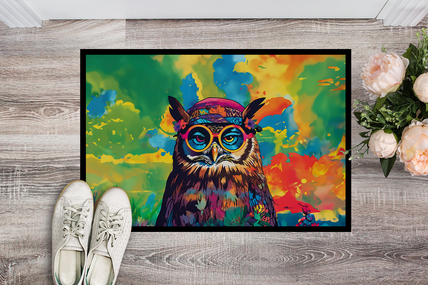 Hippie Animal Owl Doormat Indoor Outdoor 18H X 27W Front Door Mat Rugs for Entryway, Non Slip Washable