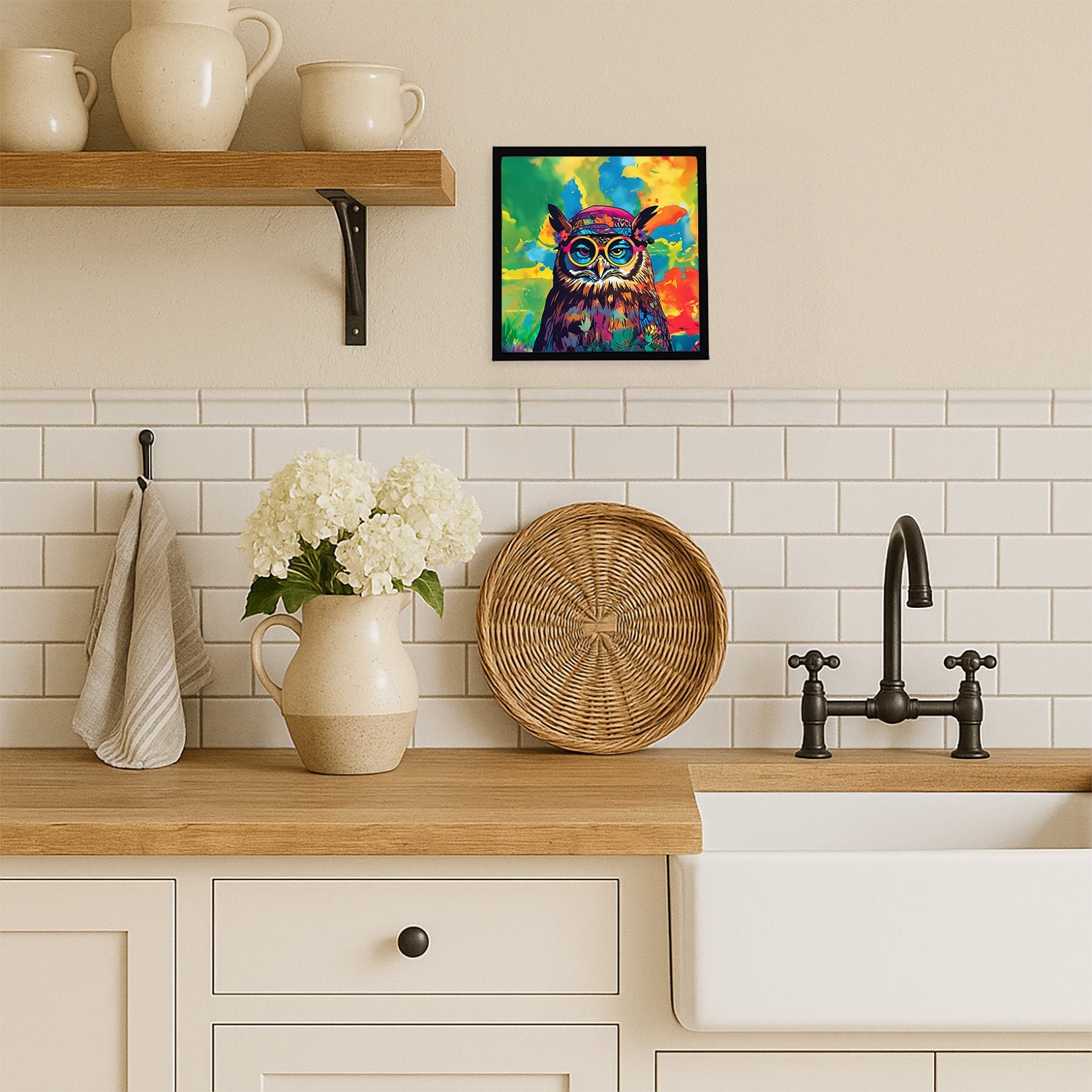 Hippie Animal Owl Framed Metal Print Bathroom, Kitchen, Office, Home Decor Wall Art Ready to Hang, Square, 8X8