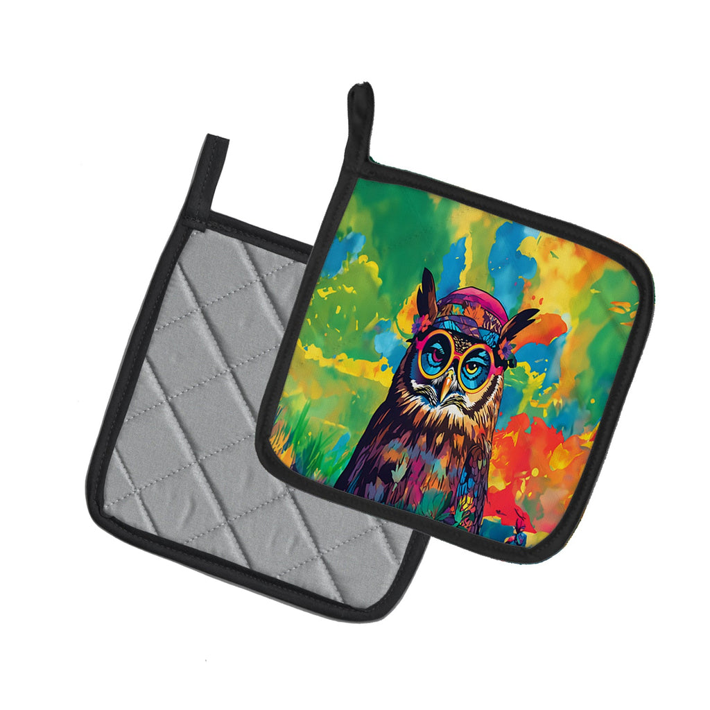 Hippie Animal Owl Pot Holder Set of 2 Heat Resistant Quilted Hot Pads 7.5 x 7.5 Inch, Insulated Kitchen Trivets for Cooking & Baking