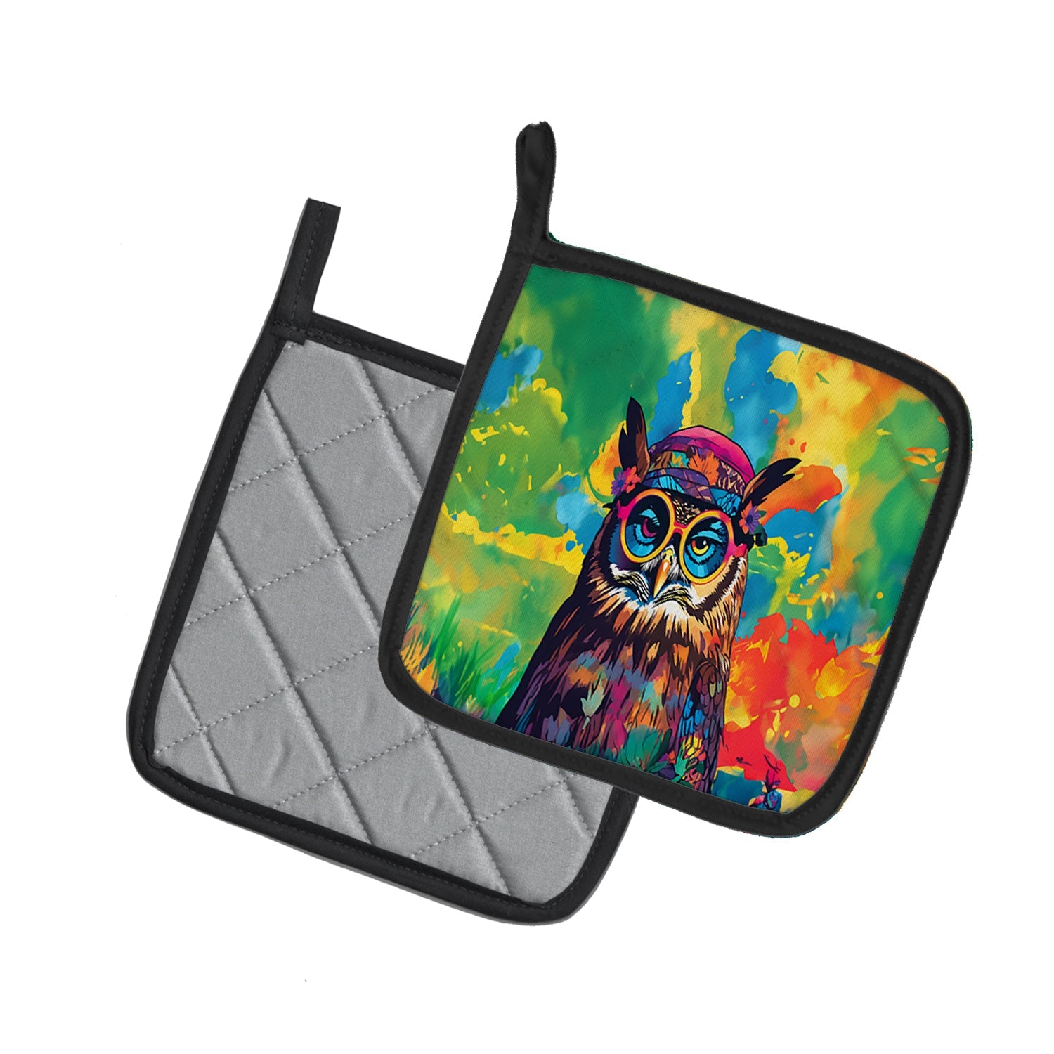 Hippie Animal Owl Pot Holder Set of 2 Heat Resistant Quilted Hot Pads 7.5 x 7.5 Inch, Insulated Kitchen Trivets for Cooking & Baking