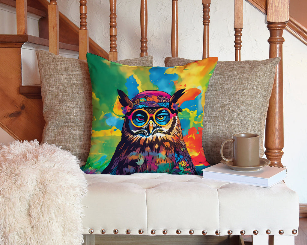 Hippie Animal Owl Decorative Throw Pillow 14x14 Indoor Outdoor Accent Cushion, Fabric Cover with Insert for Sofa, Bed, Porch & Living Room