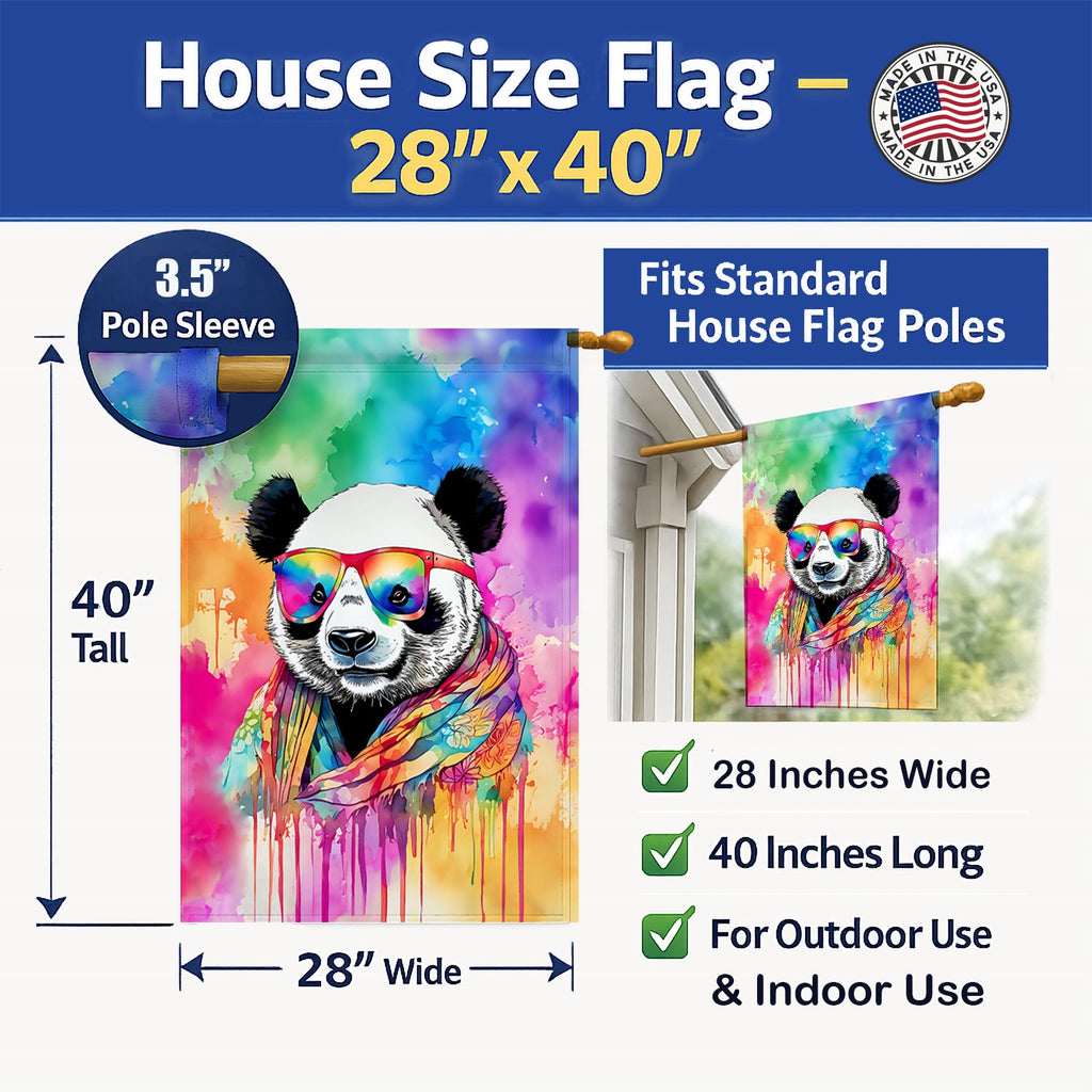 Hippie Animal Panda House Flag 28x40 Porch Sleeve Pole Decorative Outside Yard Banner Artwork Wall Hanging, Polyester