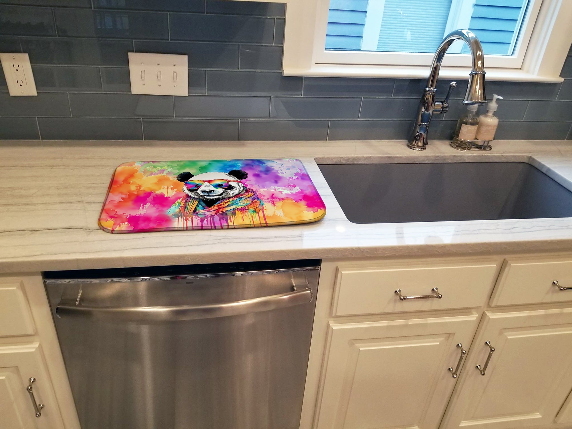 Hippie Animal Panda Dish Drying Mat Absorbent Dish Drying Mat Pad for Kitchen Counter Dish Drainer Mat for Countertop, 14 x 21", Multicolor