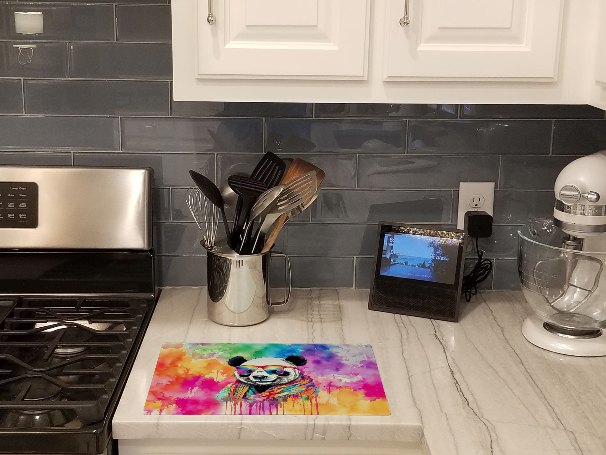 Hippie Animal Panda Cutting Board Tempered Glass Kitchen Cutting Surface, Heat Resistant Chopping, Non-Slip Feet, Food Prep & Serving