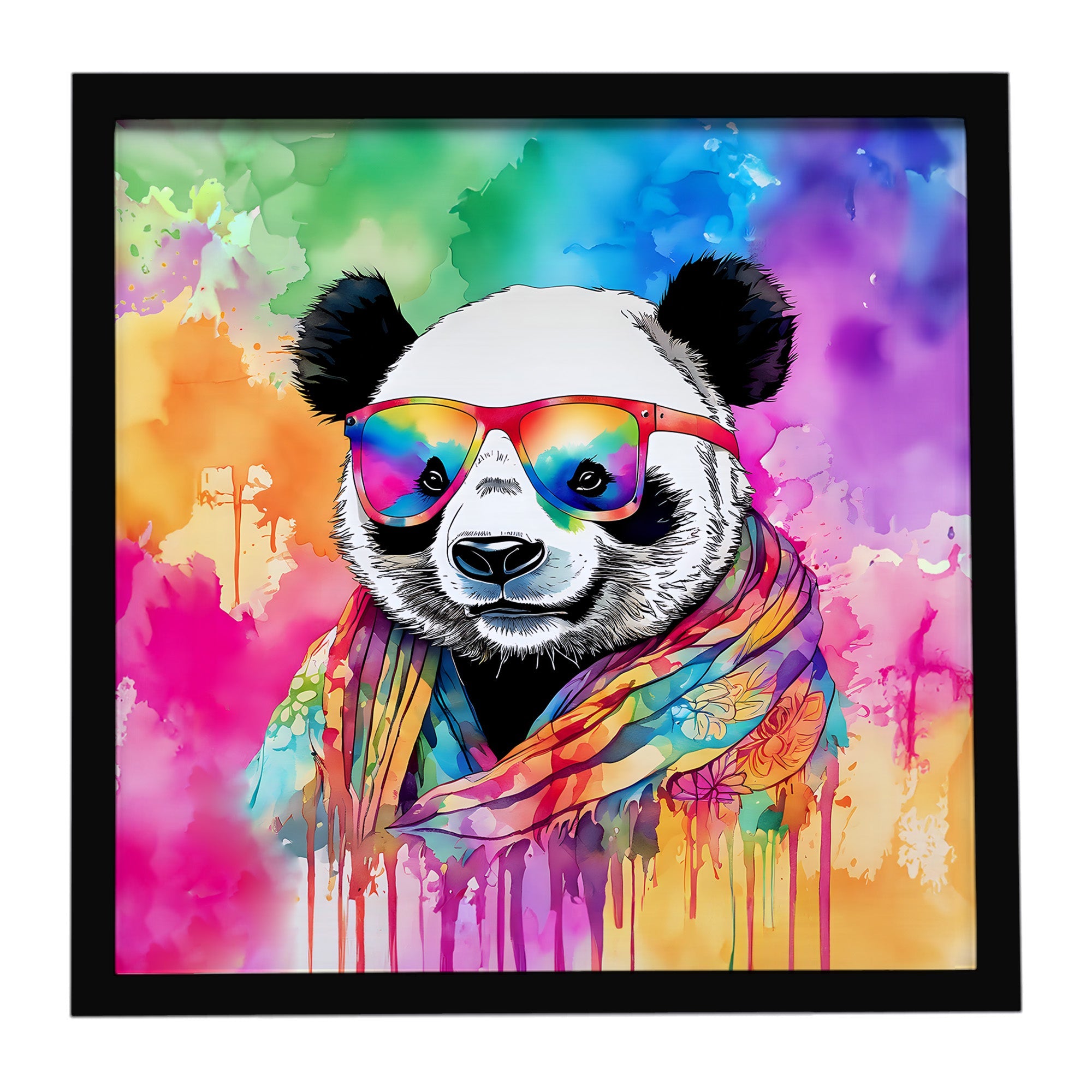 Hippie Animal Panda Framed Metal Print Bathroom, Kitchen, Office, Home Decor Wall Art Ready to Hang, Square, 8X8