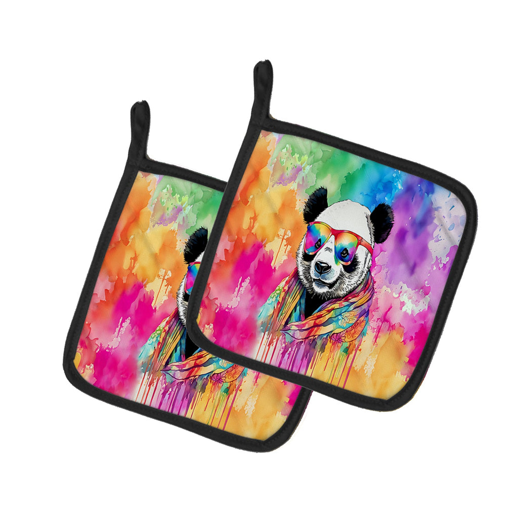 Hippie Animal Panda Pot Holder Set of 2 Heat Resistant Quilted Hot Pads 7.5 x 7.5 Inch, Insulated Kitchen Trivets for Cooking & Baking