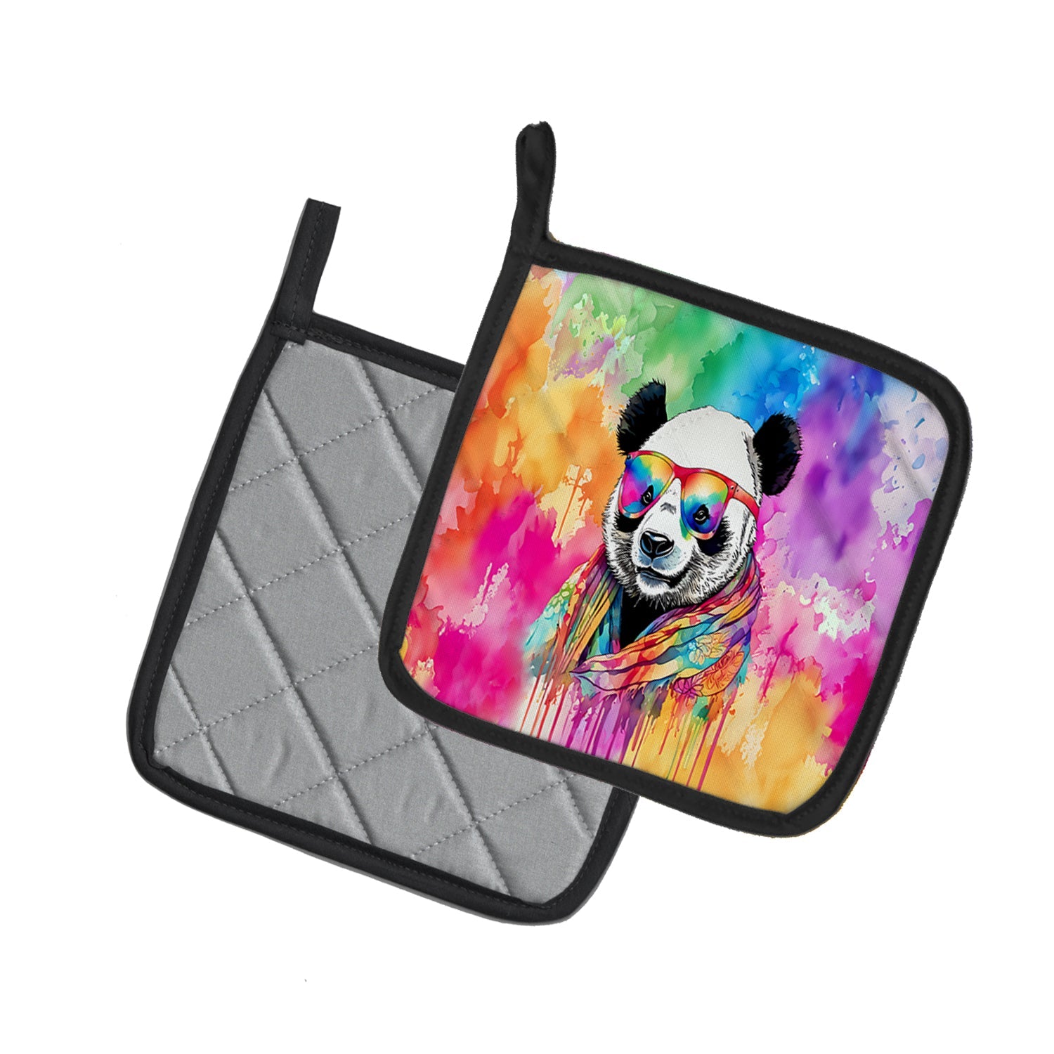 Hippie Animal Panda Pot Holder Set of 2 Heat Resistant Quilted Hot Pads 7.5 x 7.5 Inch, Insulated Kitchen Trivets for Cooking & Baking