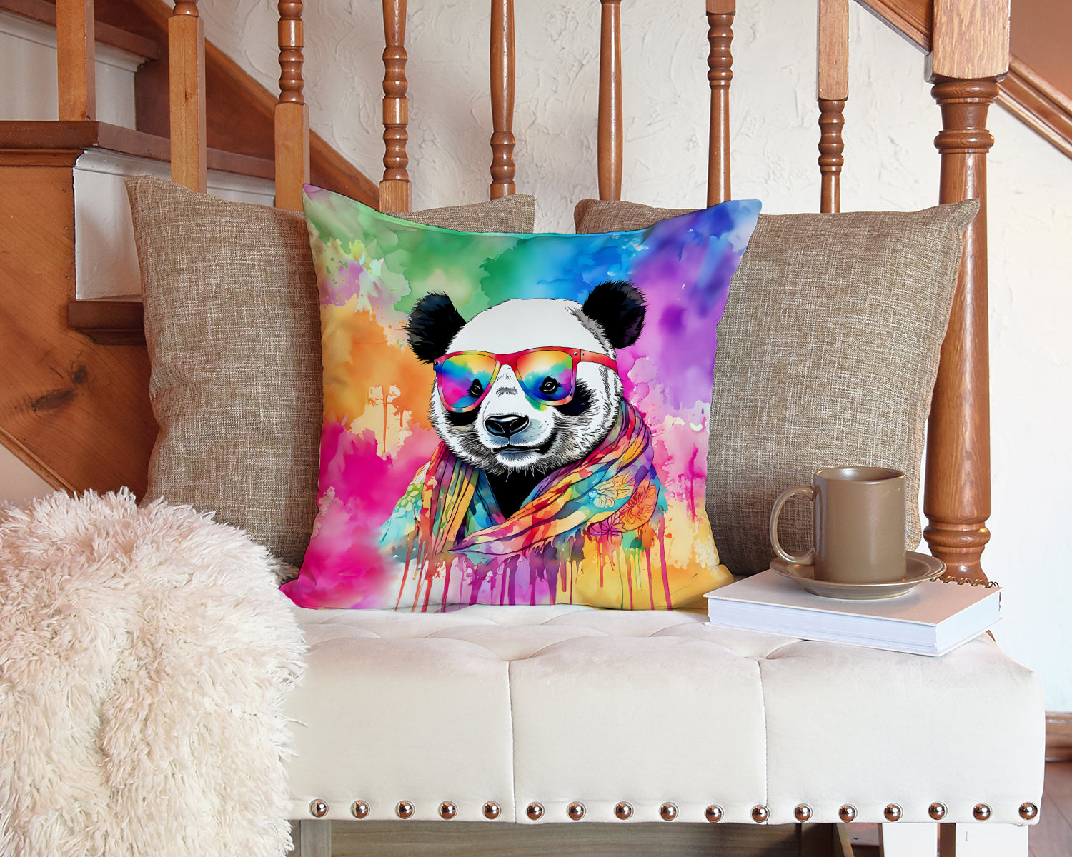 Hippie Animal Panda Decorative Throw Pillow 14x14 Indoor Outdoor Accent Cushion, Fabric Cover with Insert for Sofa, Bed, Porch & Living Room