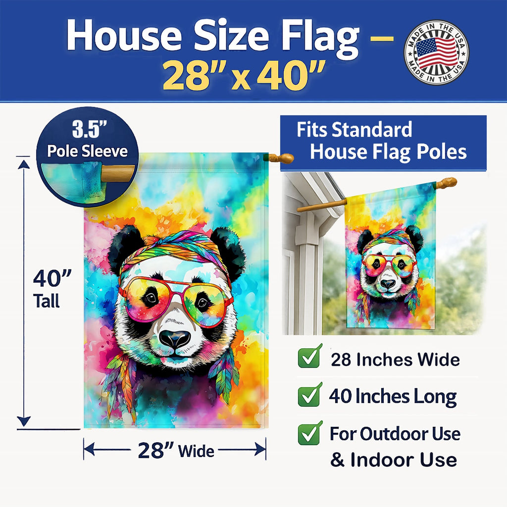 Hippie Animal Panda House Flag 28x40 Porch Sleeve Pole Decorative Outside Yard Banner Artwork Wall Hanging, Polyester