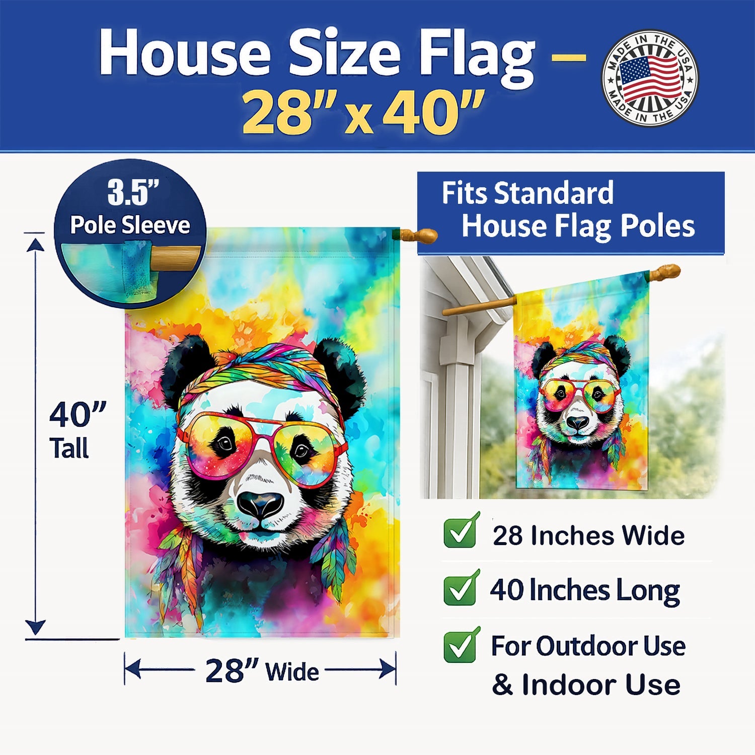 Hippie Animal Panda House Flag 28x40 Porch Sleeve Pole Decorative Outside Yard Banner Artwork Wall Hanging, Polyester