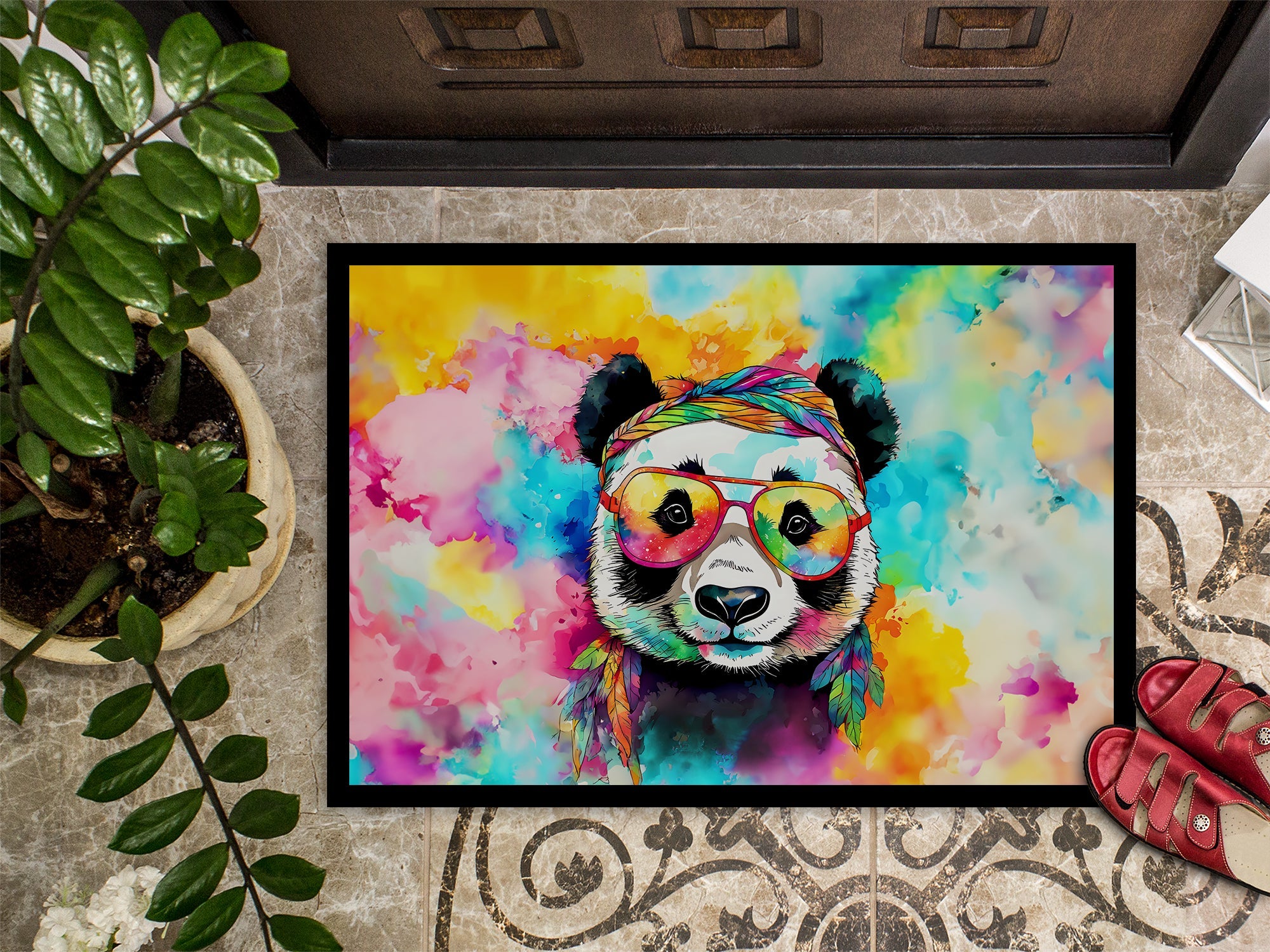 Hippie Animal Panda Doormat Indoor Outdoor 24H X 36W Front Door Mat Rugs for Entryway, Non Slip Washable Low Pile,