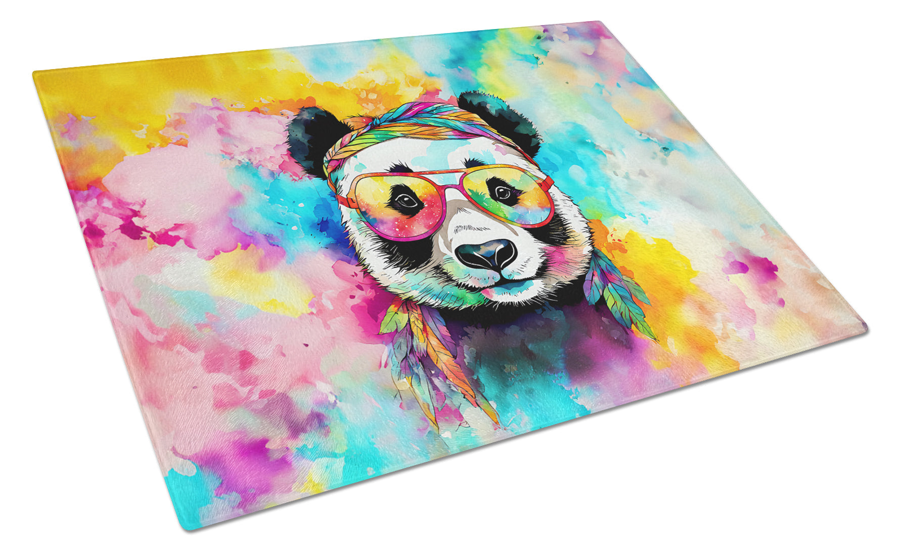 Hippie Animal Panda Cutting Board Tempered Glass Kitchen Cutting Surface, Heat Resistant Chopping, Non-Slip Feet, Food Prep & Serving