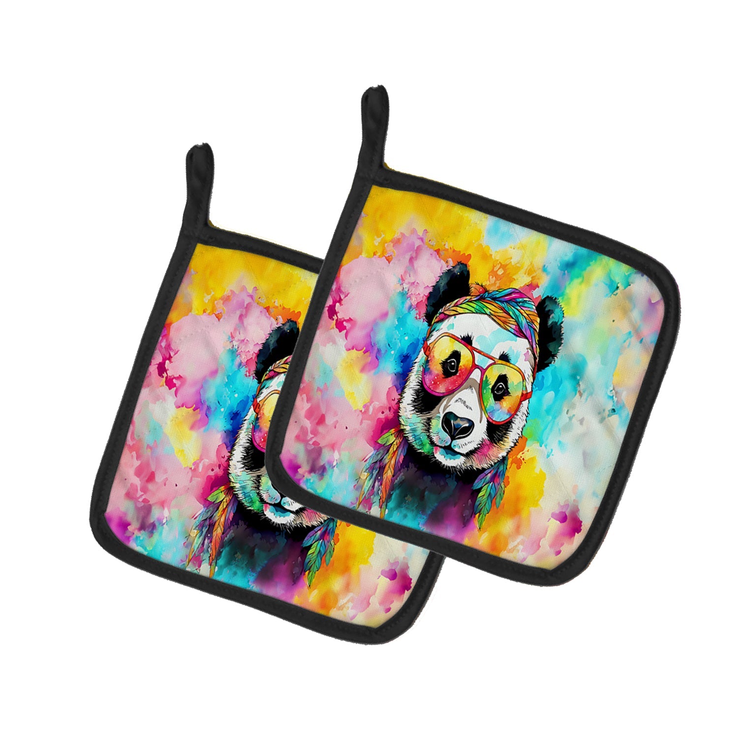 Hippie Animal Panda Pot Holder Set of 2 Heat Resistant Quilted Hot Pads 7.5 x 7.5 Inch, Insulated Kitchen Trivets for Cooking & Baking