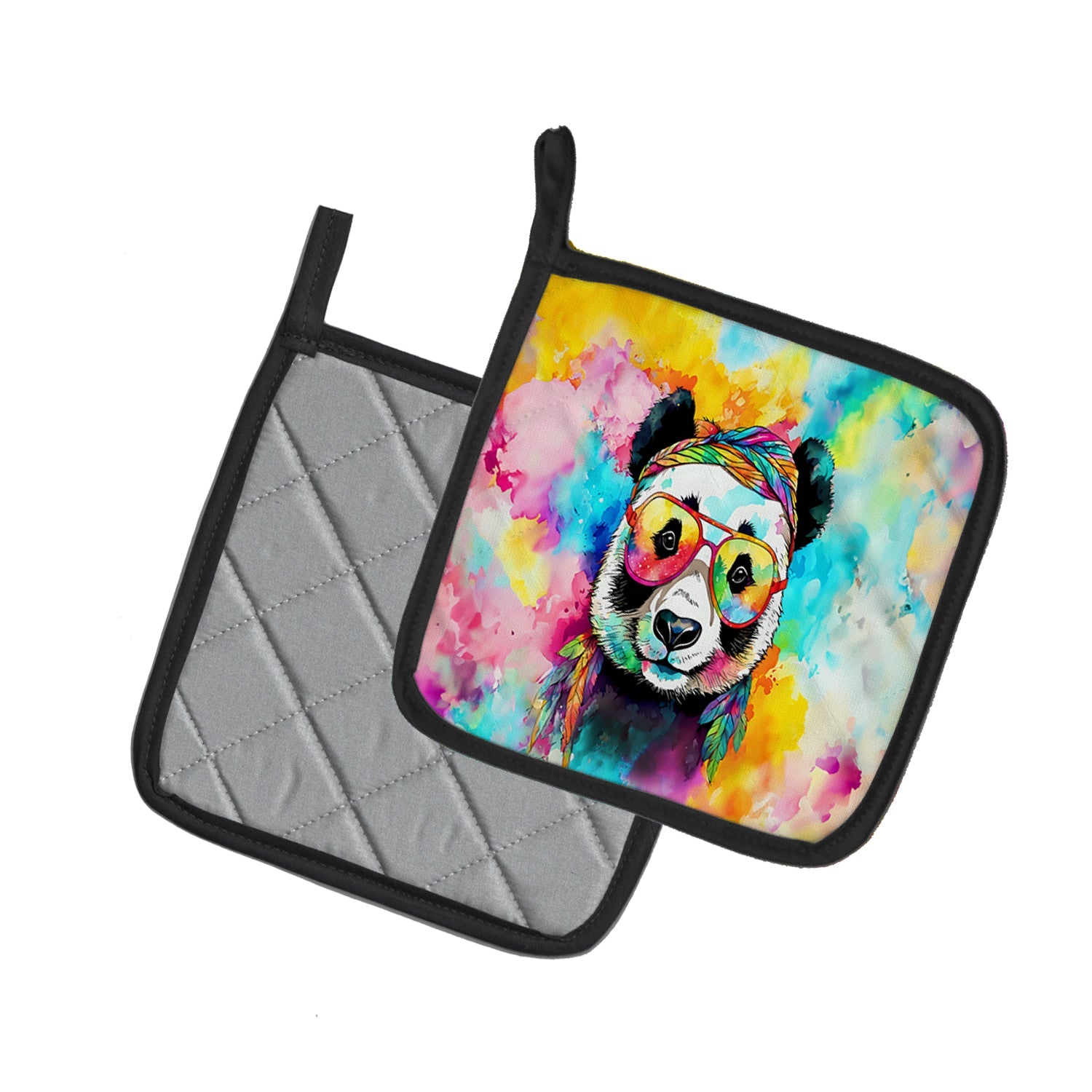 Hippie Animal Panda Pot Holder Set of 2 Heat Resistant Quilted Hot Pads 7.5 x 7.5 Inch, Insulated Kitchen Trivets for Cooking & Baking