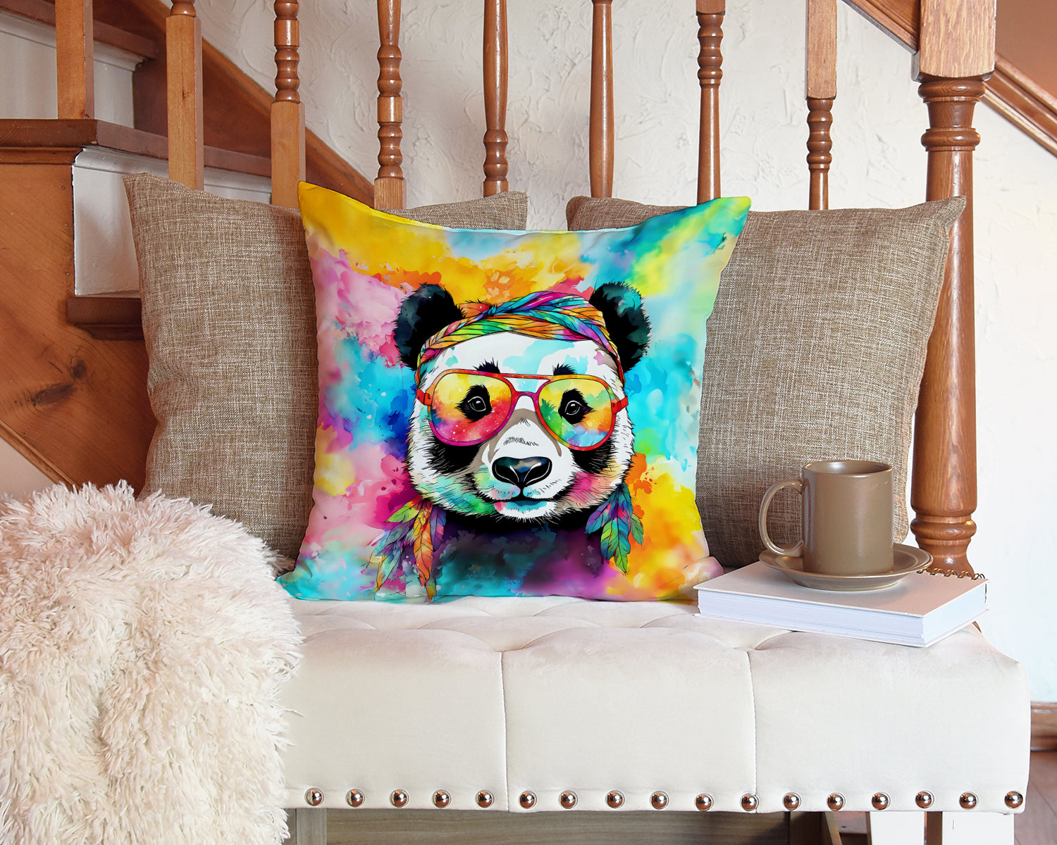 Hippie Animal Panda Decorative Throw Pillow 14x14 Indoor Outdoor Accent Cushion, Fabric Cover with Insert for Sofa, Bed, Porch & Living Room
