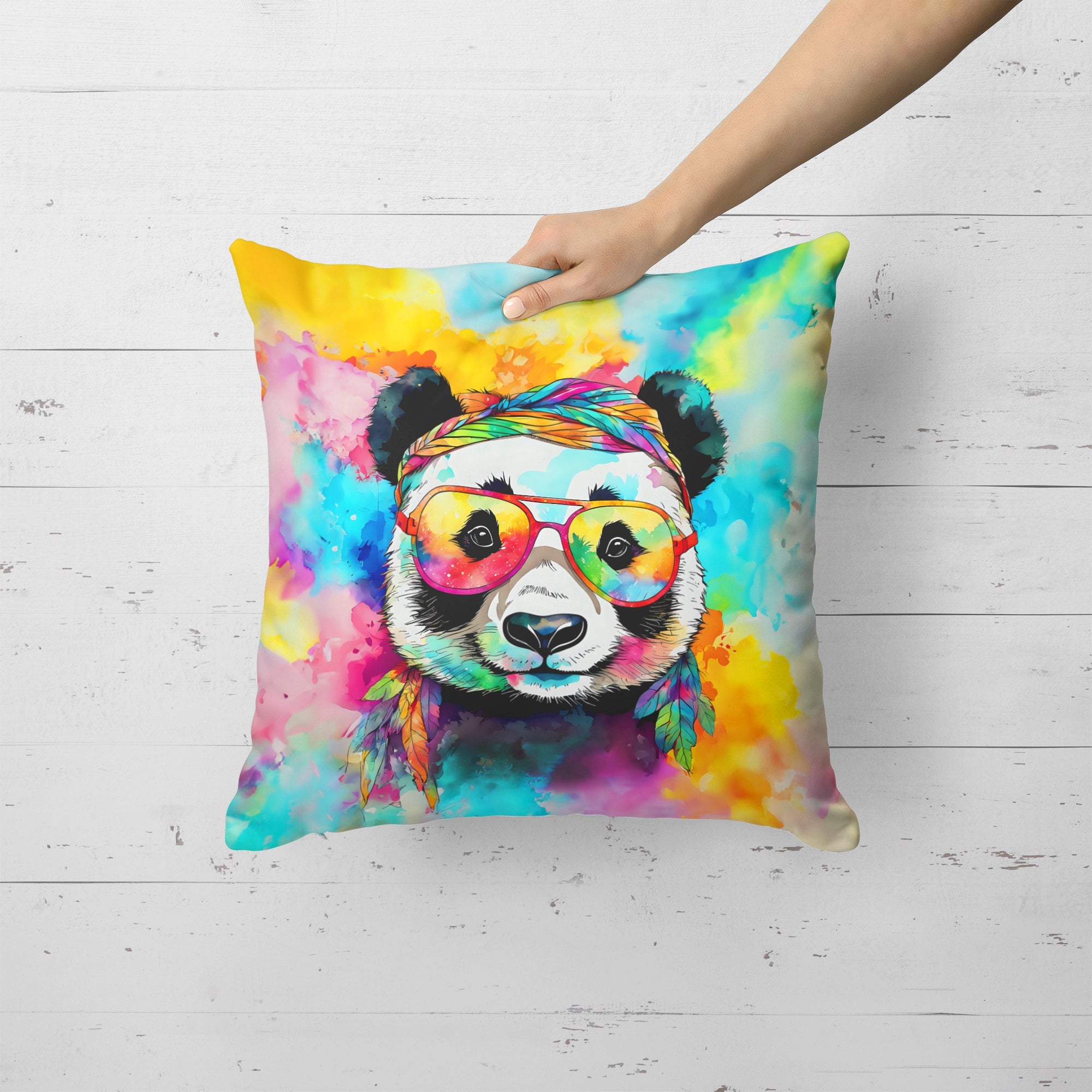 Hippie Animal Panda Decorative Throw Pillow 18x18 Indoor Outdoor Accent Cushion, Fabric Cover with Insert for Sofa, Bed, Porch & Living Room