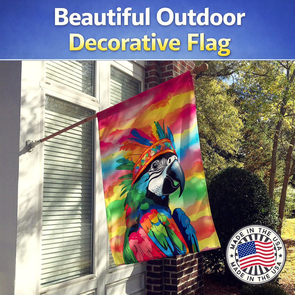 Hippie Animal Parrot House Flag 28x40 Porch Sleeve Pole Decorative Outside Yard Banner Artwork Wall Hanging, Polyester