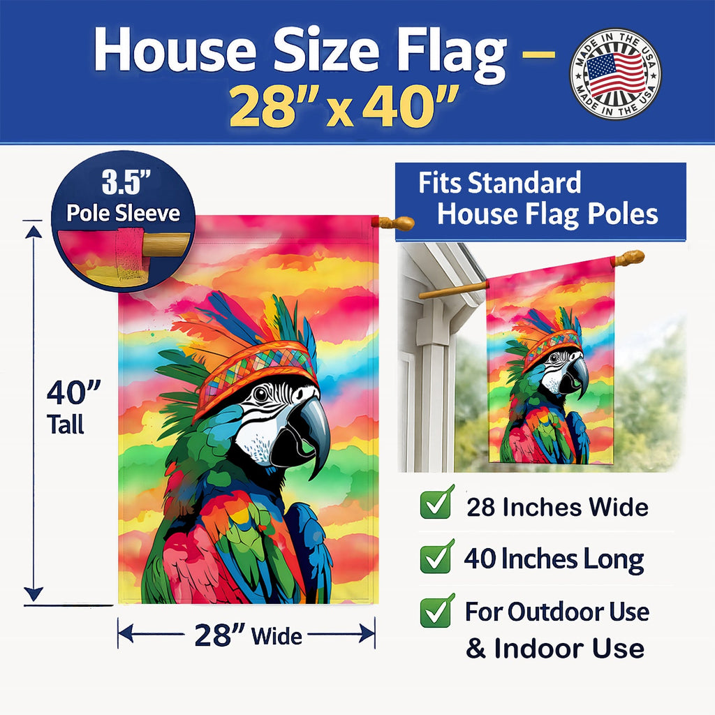 Hippie Animal Parrot House Flag 28x40 Porch Sleeve Pole Decorative Outside Yard Banner Artwork Wall Hanging, Polyester