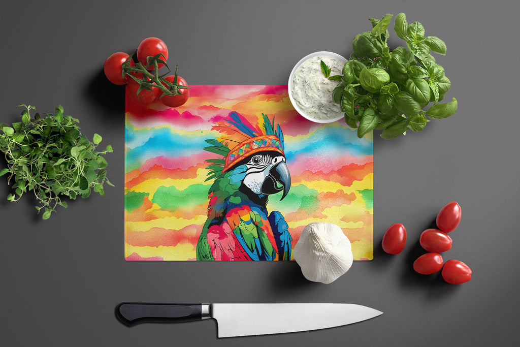 Hippie Animal Parrot Cutting Board Tempered Glass Kitchen Cutting Surface, Heat Resistant Chopping, Non-Slip Feet, Food Prep & Serving