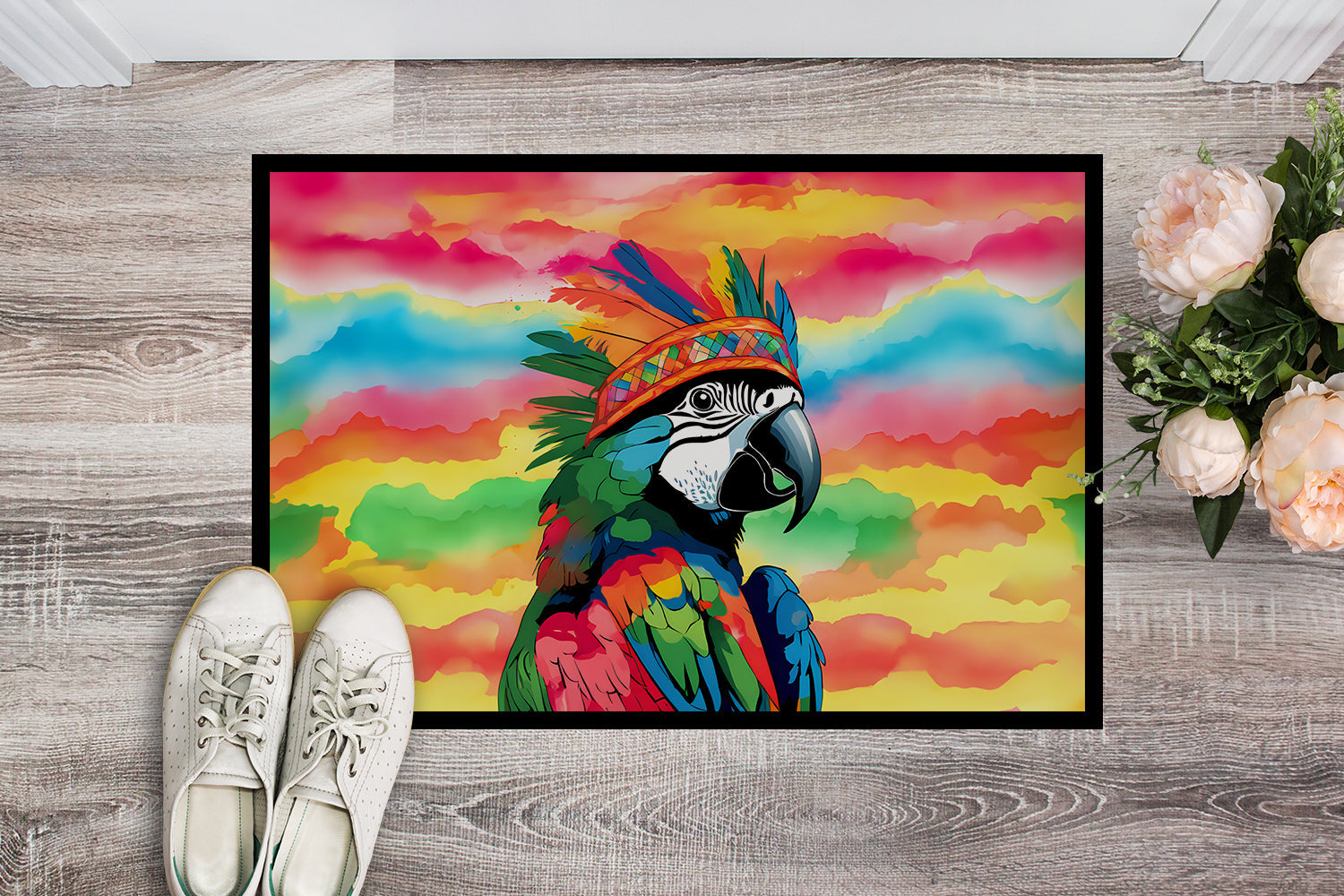 Hippie Animal Parrot Doormat Indoor Outdoor 18H X 27W Front Door Mat Rugs for Entryway, Non Slip Washable
