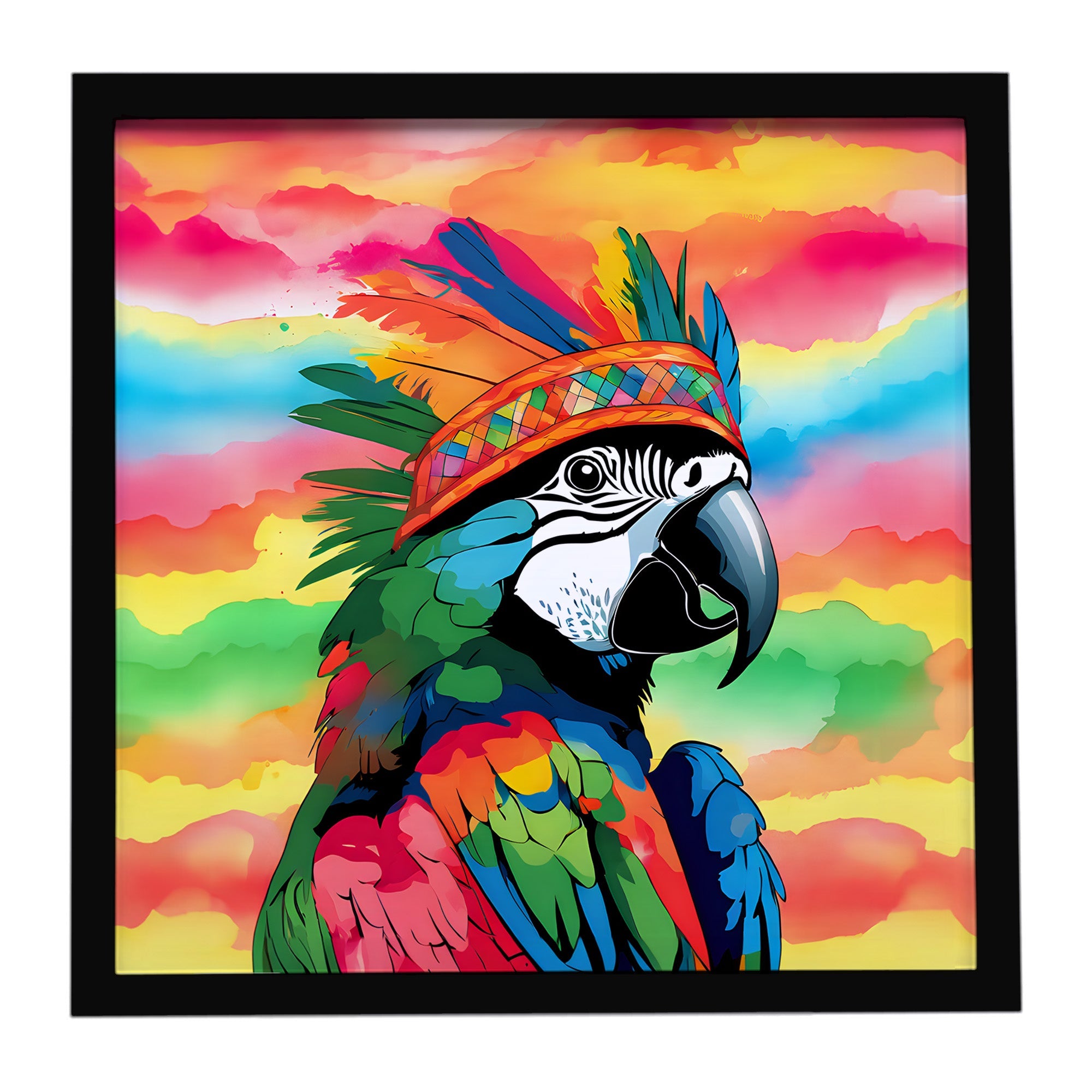 Hippie Animal Parrot Framed Metal Print Bathroom, Kitchen, Office, Home Decor Wall Art Ready to Hang, Square, 8X8