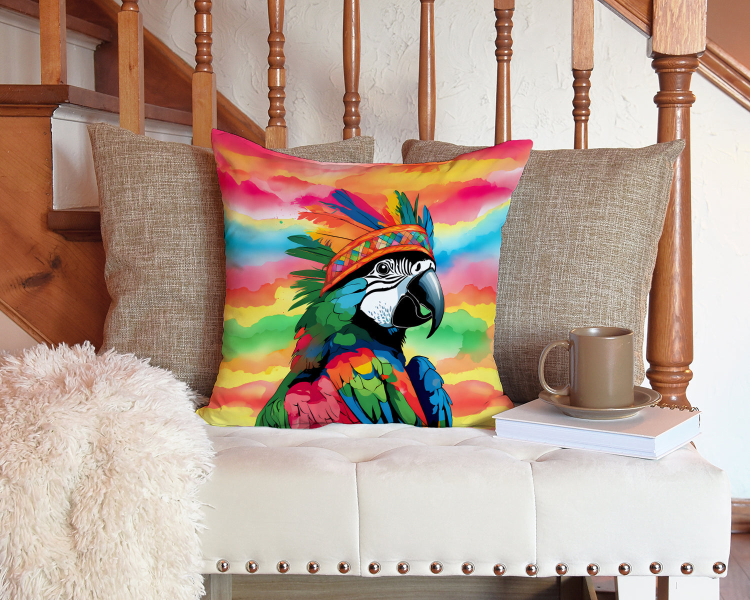 Hippie Animal Parrot Decorative Throw Pillow 14x14 Indoor Outdoor Accent Cushion, Fabric Cover with Insert for Sofa, Bed, Porch & Living Room