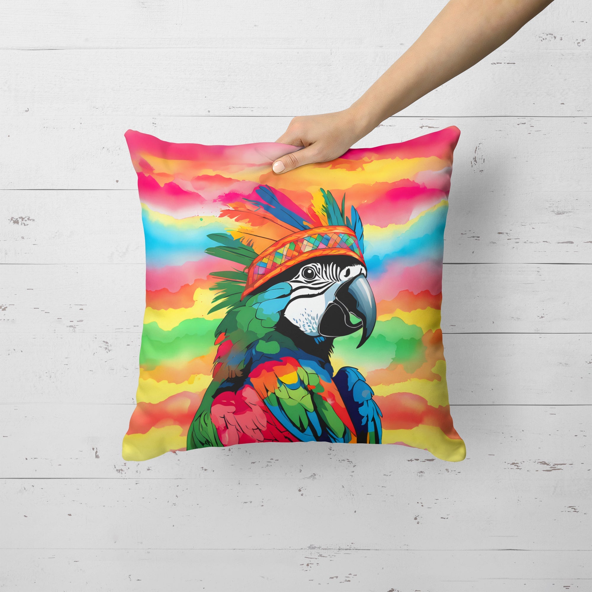 Hippie Animal Parrot Decorative Throw Pillow 18x18 Indoor Outdoor Accent Cushion, Fabric Cover with Insert for Sofa, Bed, Porch & Living Room