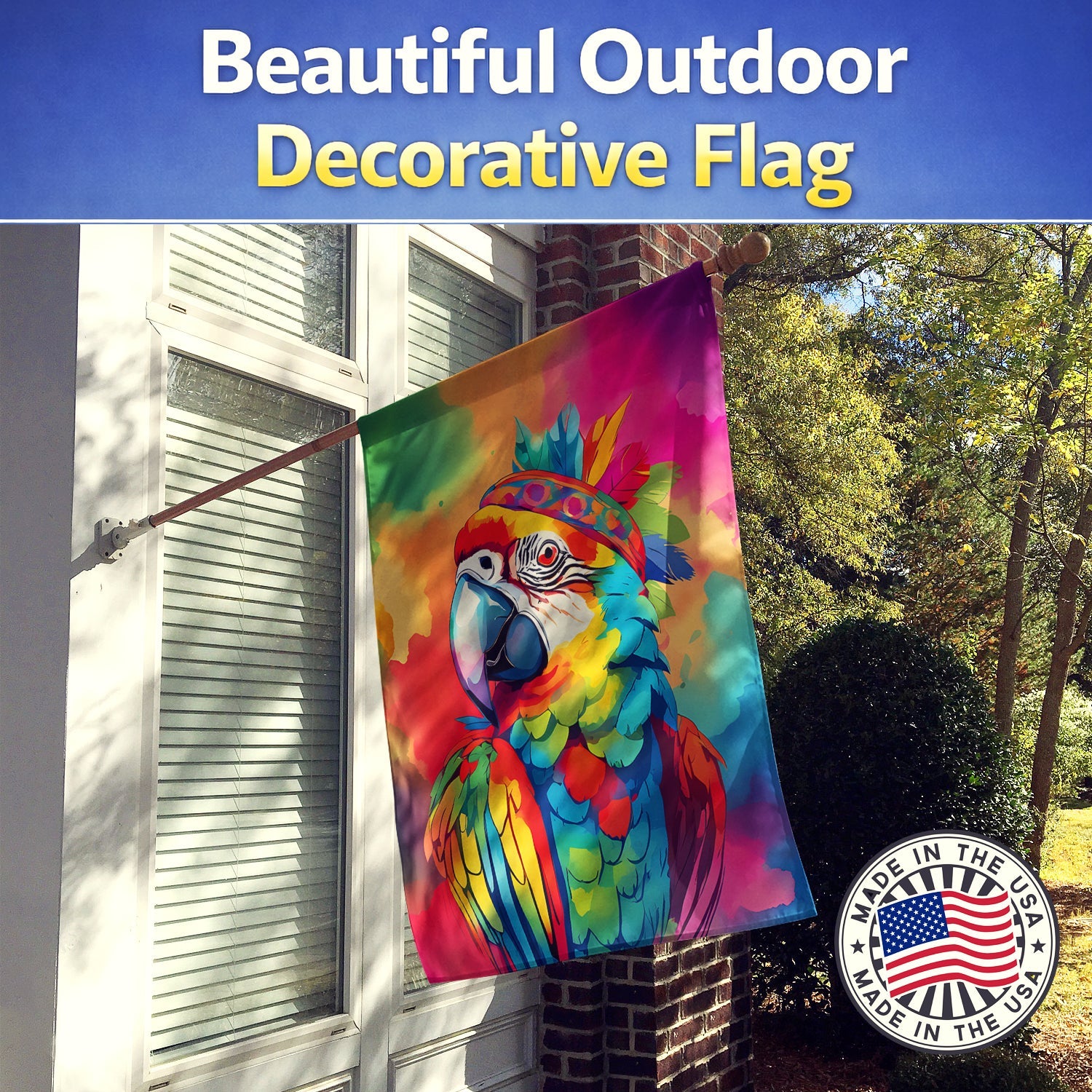Hippie Animal Parrot House Flag 28x40 Porch Sleeve Pole Decorative Outside Yard Banner Artwork Wall Hanging, Polyester