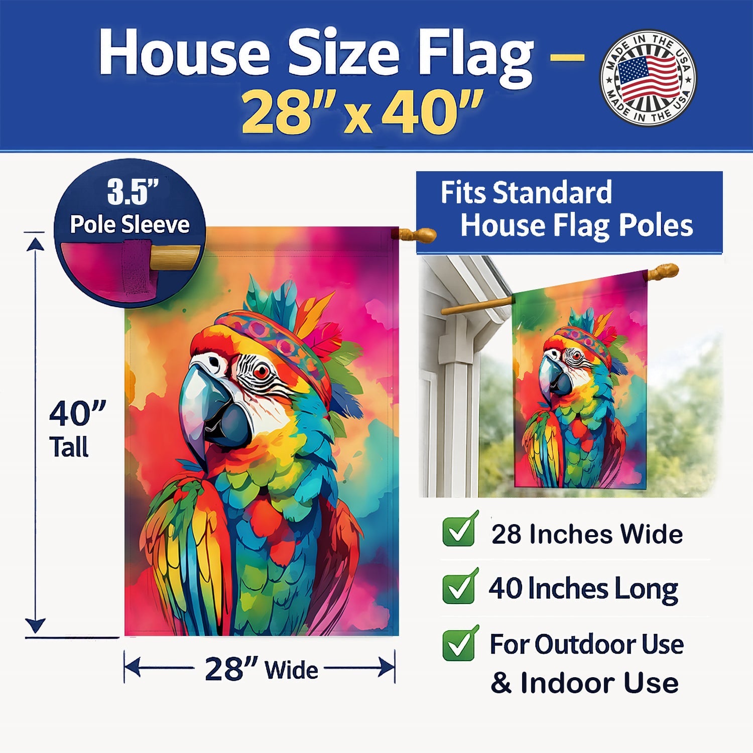 Hippie Animal Parrot House Flag 28x40 Porch Sleeve Pole Decorative Outside Yard Banner Artwork Wall Hanging, Polyester