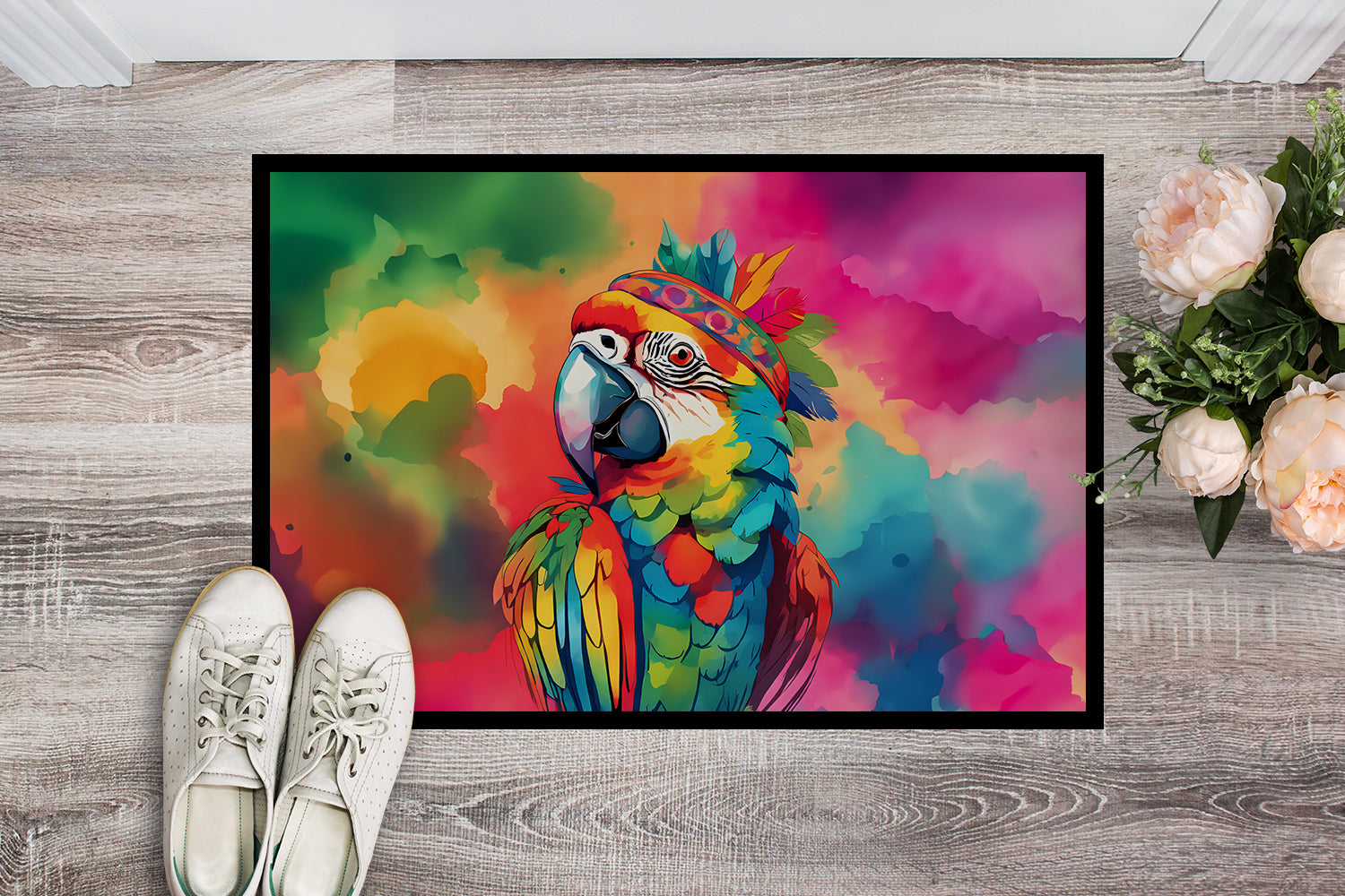 Hippie Animal Parrot Doormat Indoor Outdoor 24H X 36W Front Door Mat Rugs for Entryway, Non Slip Washable Low Pile,