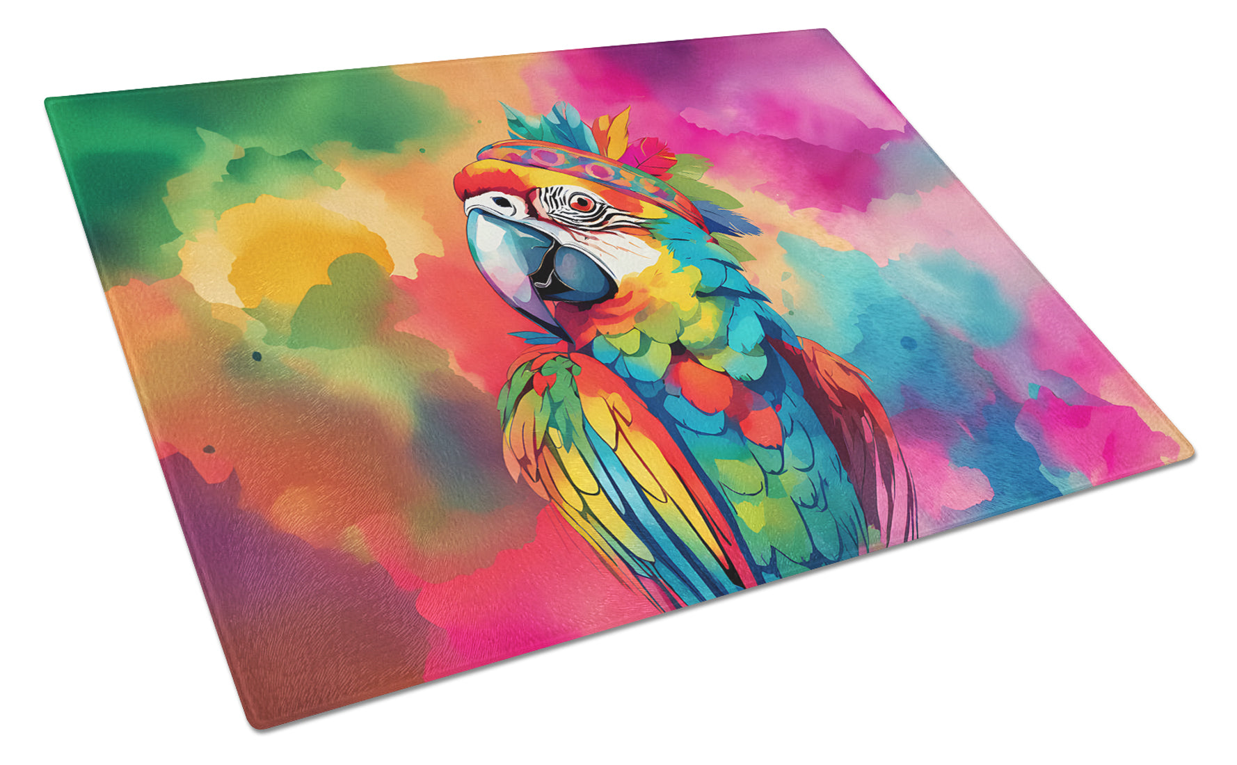 Hippie Animal Parrot Cutting Board Tempered Glass Kitchen Cutting Surface, Heat Resistant Chopping, Non-Slip Feet, Food Prep & Serving