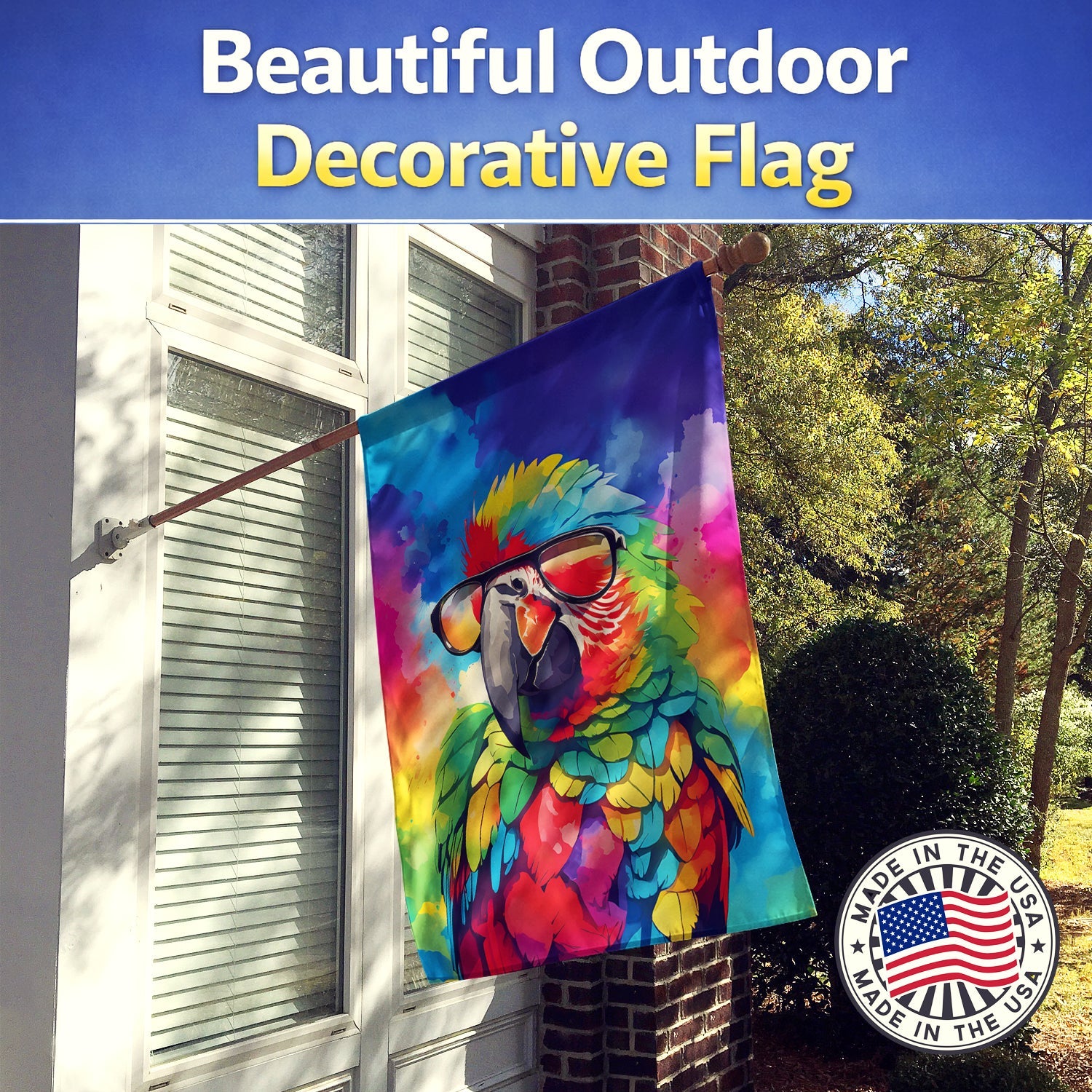 Hippie Animal Parrot House Flag 28x40 Porch Sleeve Pole Decorative Outside Yard Banner Artwork Wall Hanging, Polyester