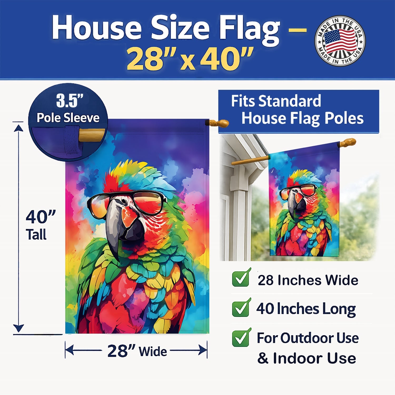 Hippie Animal Parrot House Flag 28x40 Porch Sleeve Pole Decorative Outside Yard Banner Artwork Wall Hanging, Polyester