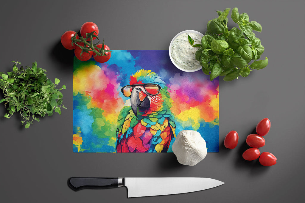 Hippie Animal Parrot Cutting Board Tempered Glass Kitchen Cutting Surface, Heat Resistant Chopping, Non-Slip Feet, Food Prep & Serving
