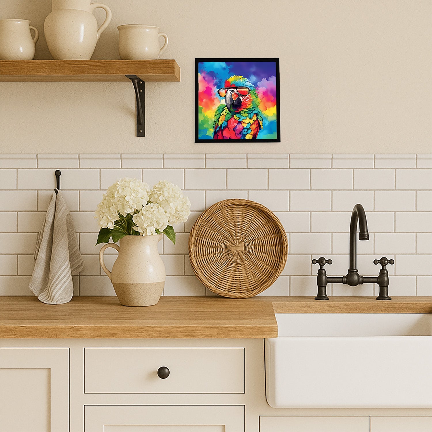 Hippie Animal Parrot Framed Metal Print Bathroom, Kitchen, Office, Home Decor Wall Art Ready to Hang, Square, 8X8