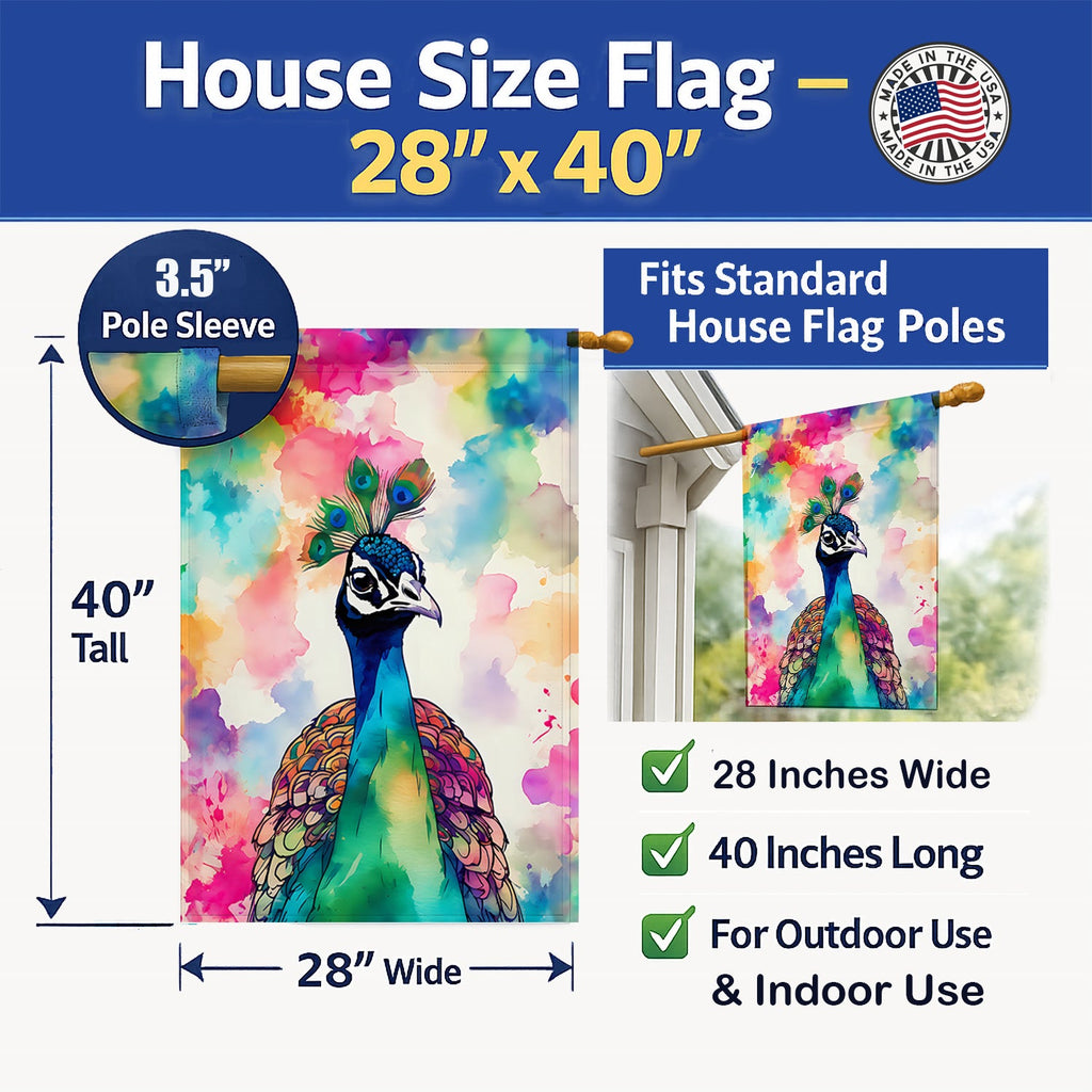 Hippie Animal Peacock House Flag 28x40 Porch Sleeve Pole Decorative Outside Yard Banner Artwork Wall Hanging, Polyester