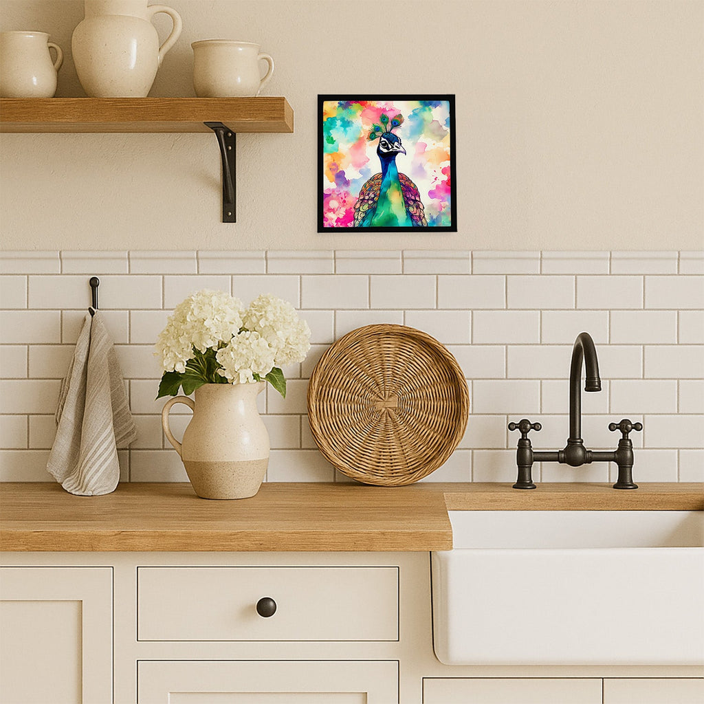 Hippie Animal Peacock Framed Metal Print Bathroom, Kitchen, Office, Home Decor Wall Art Ready to Hang, Square, 8X8